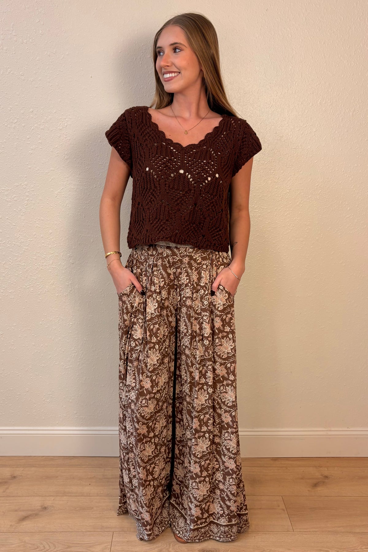 Rosalie Brown Floral Wide Leg Pants