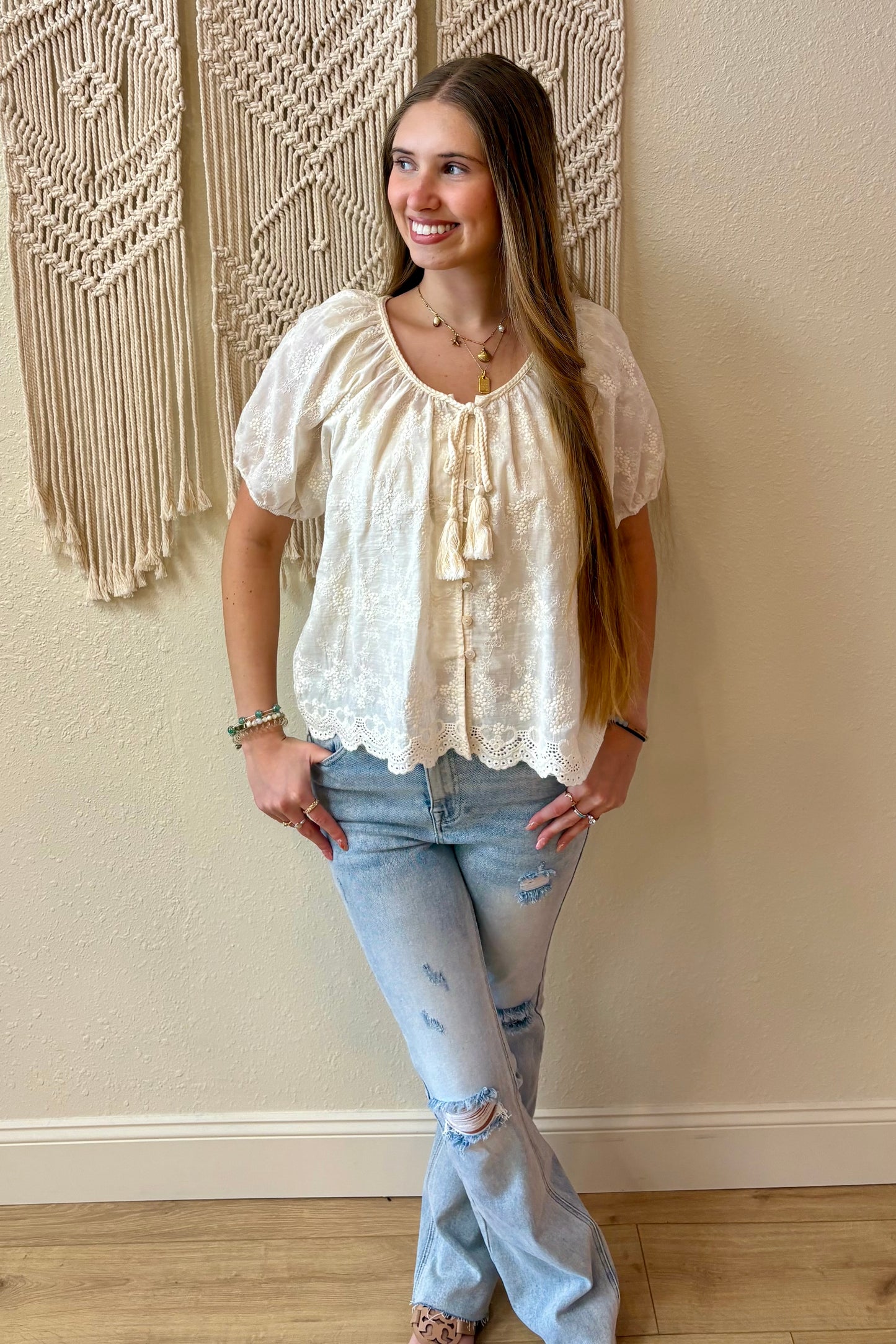 Carmella Tie Front Embroidered Top