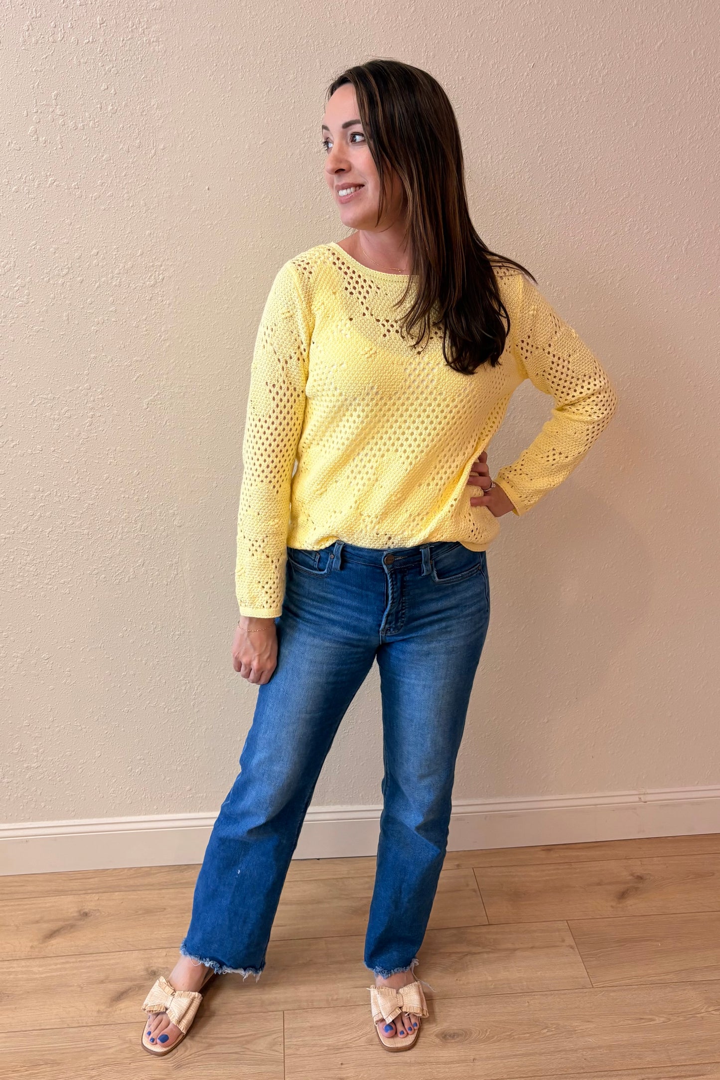 Daniella Yellow Floral Open Weave Sweater