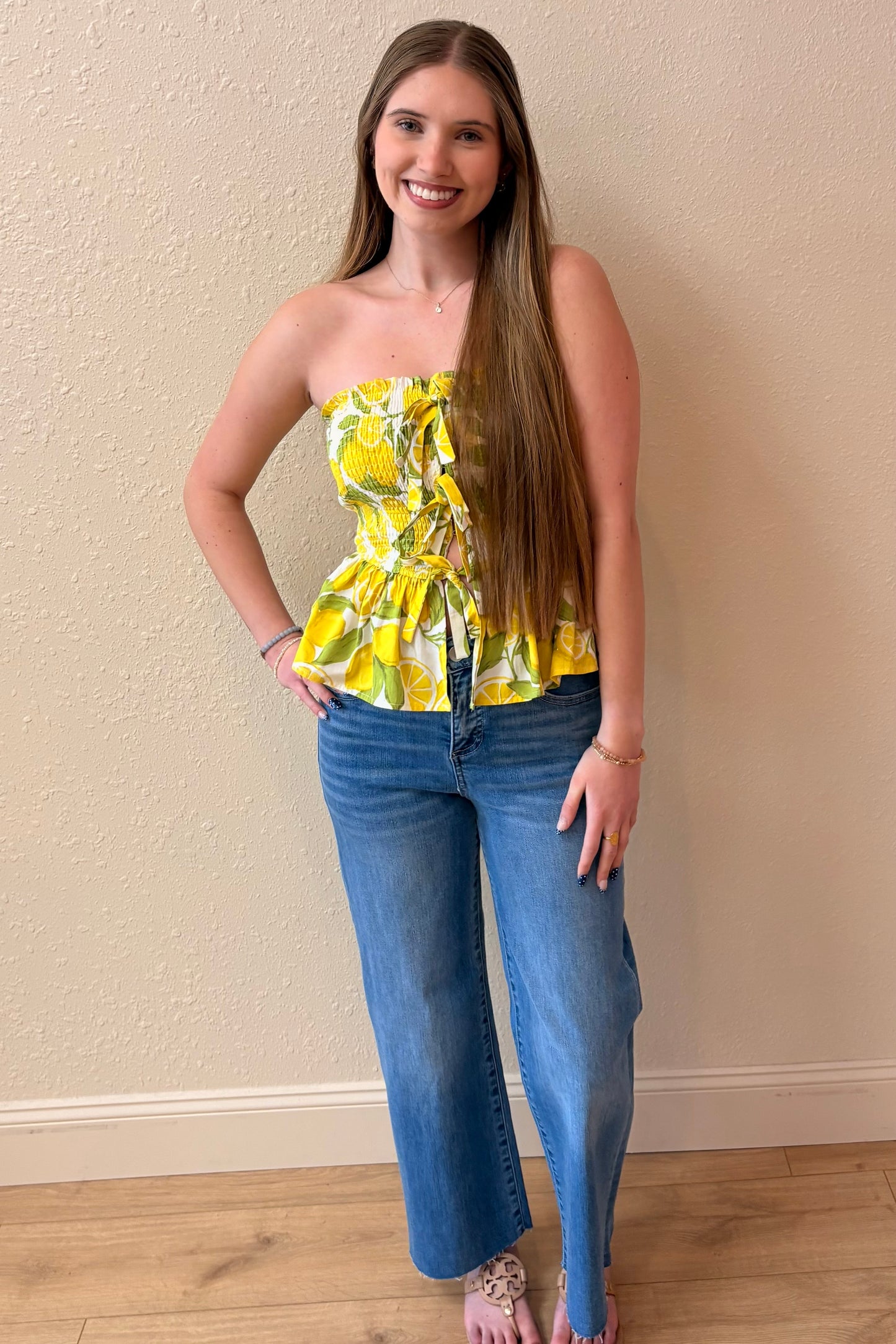 Sienna Lemon Print Peplum Tube Top