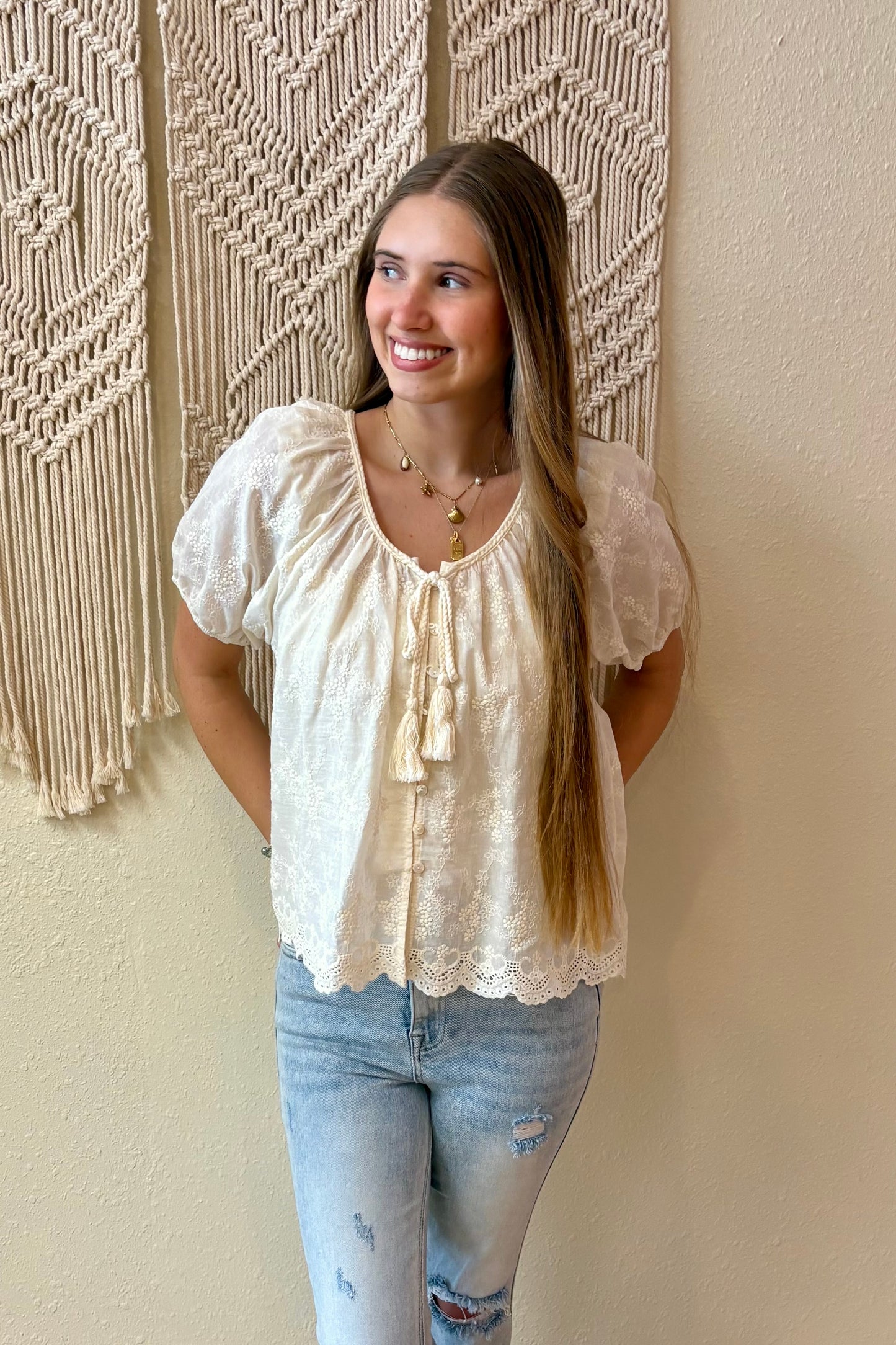 Carmella Tie Front Embroidered Top
