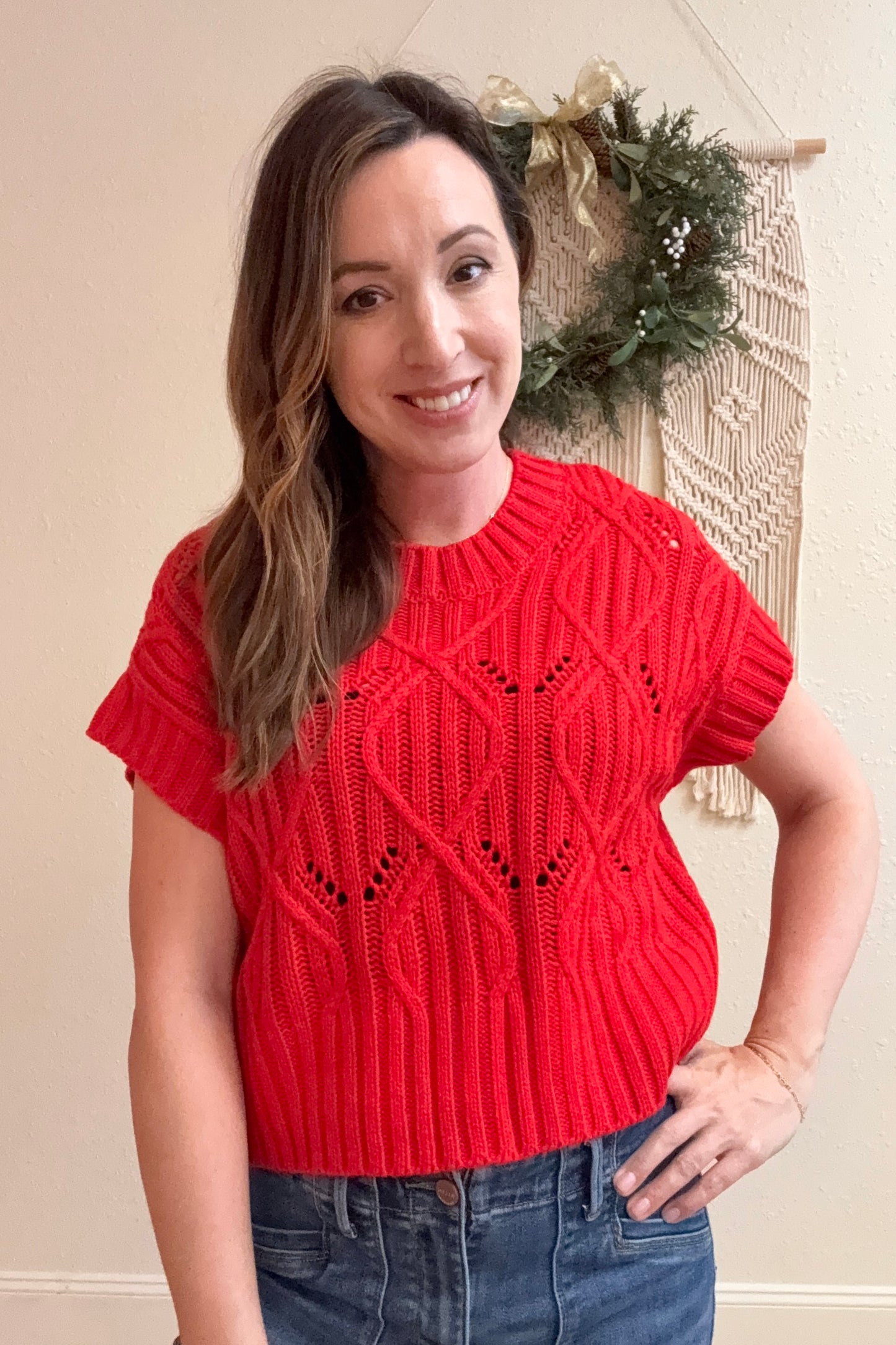 Noelle Red Short Sleeve Sweater Top