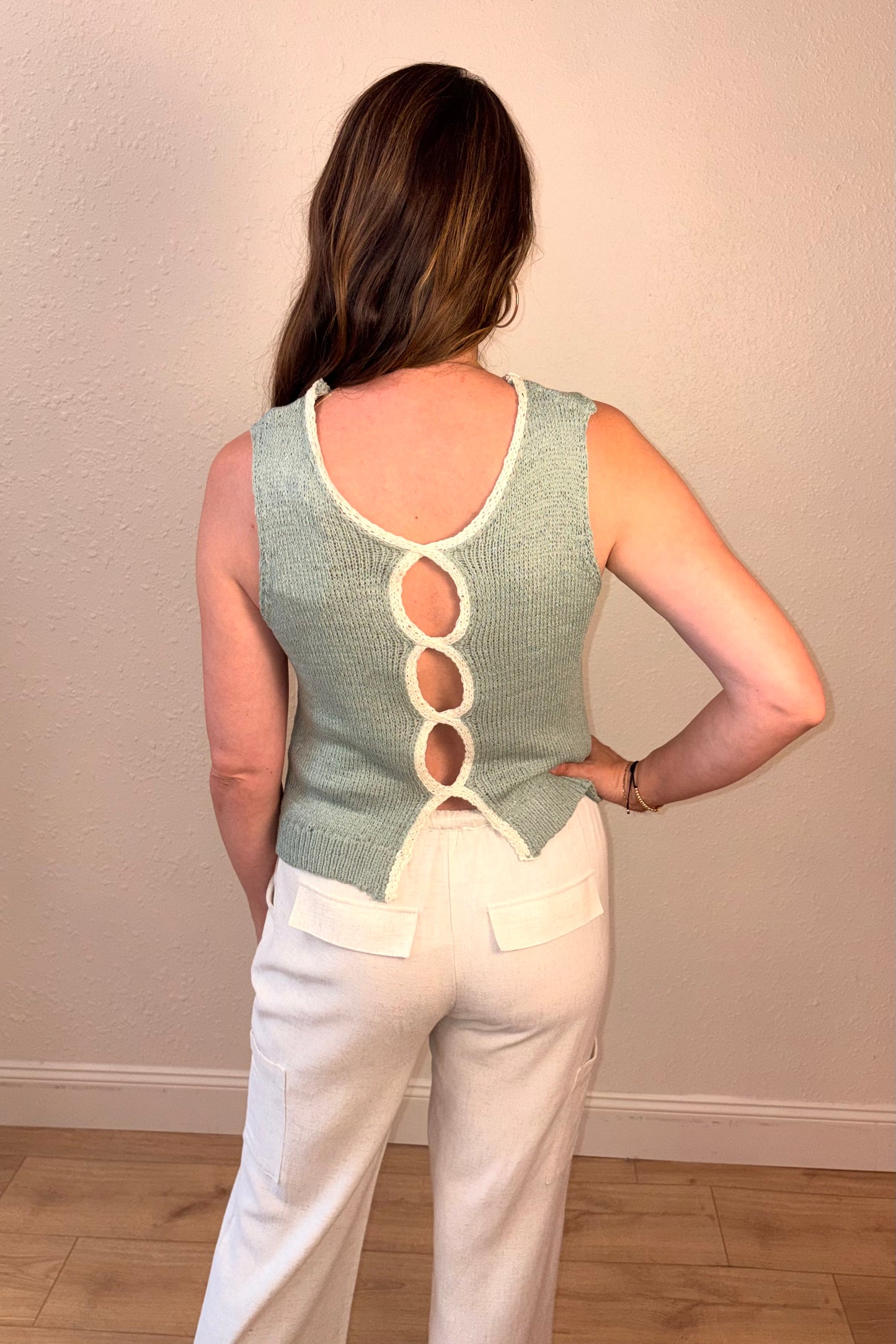 Willa Sage Green Open Back Knit Tank Top