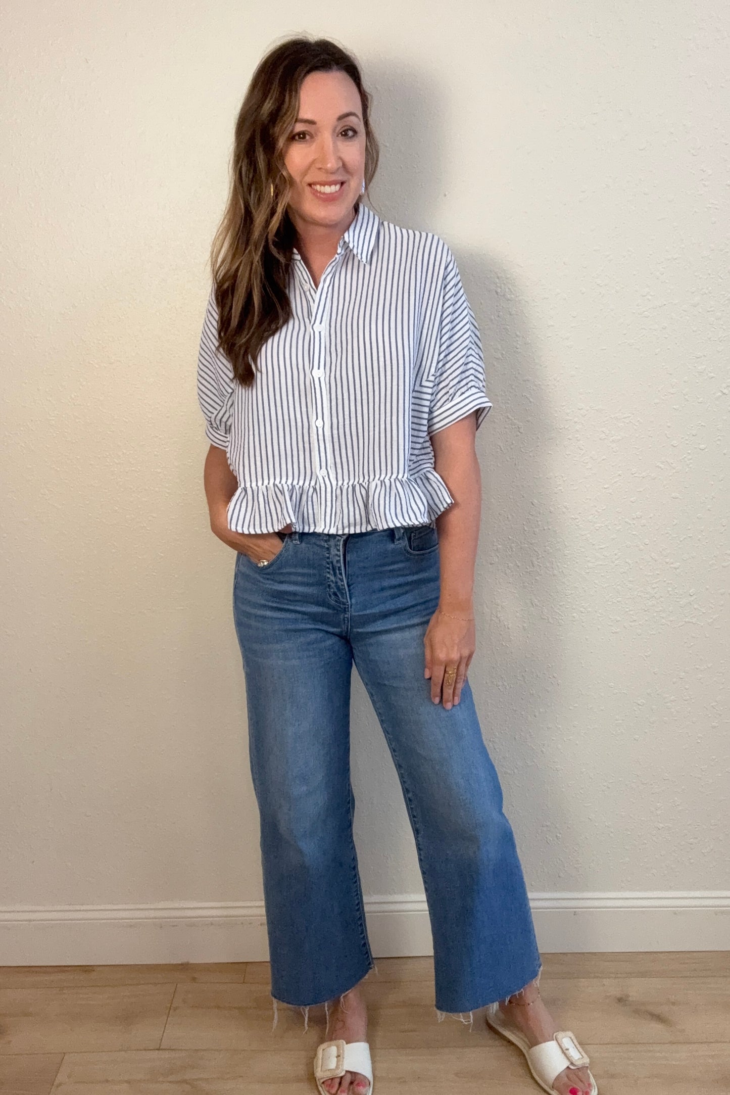 Peyton Stripe Button Front Ruffle Shirt
