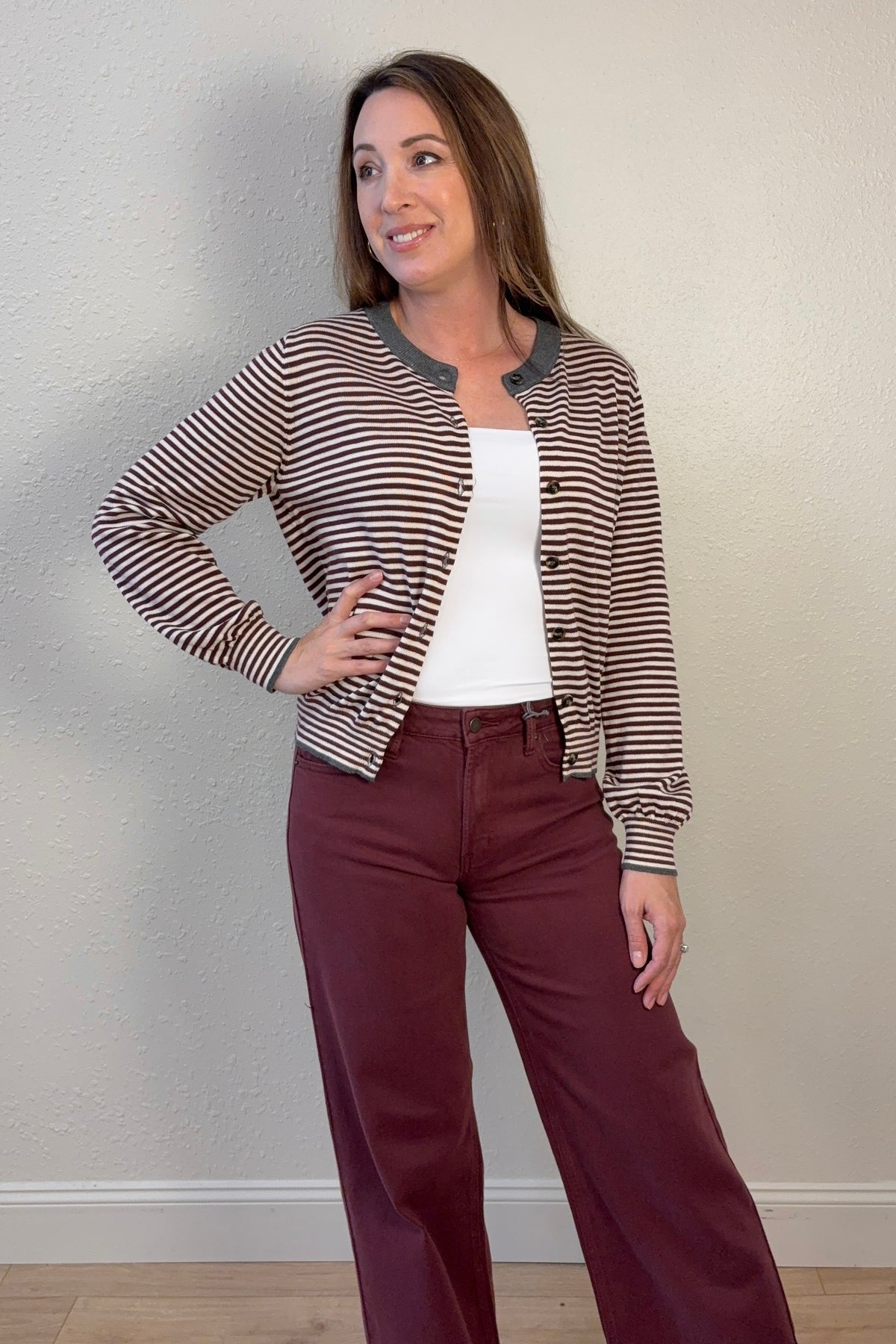Juliette Burgundy Stripe Cardigan Sweater