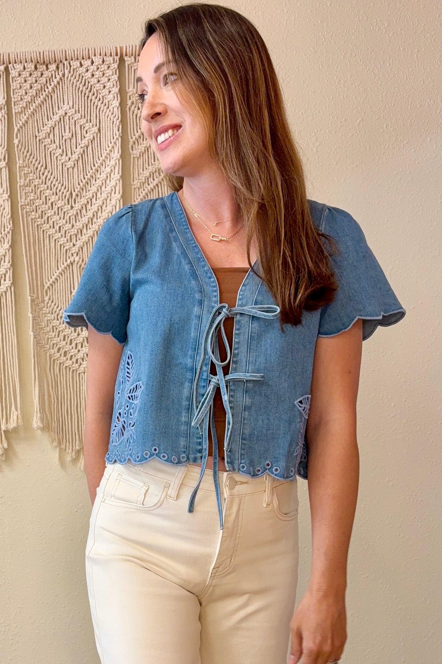Megan Tie Front Denim Embroidered Top