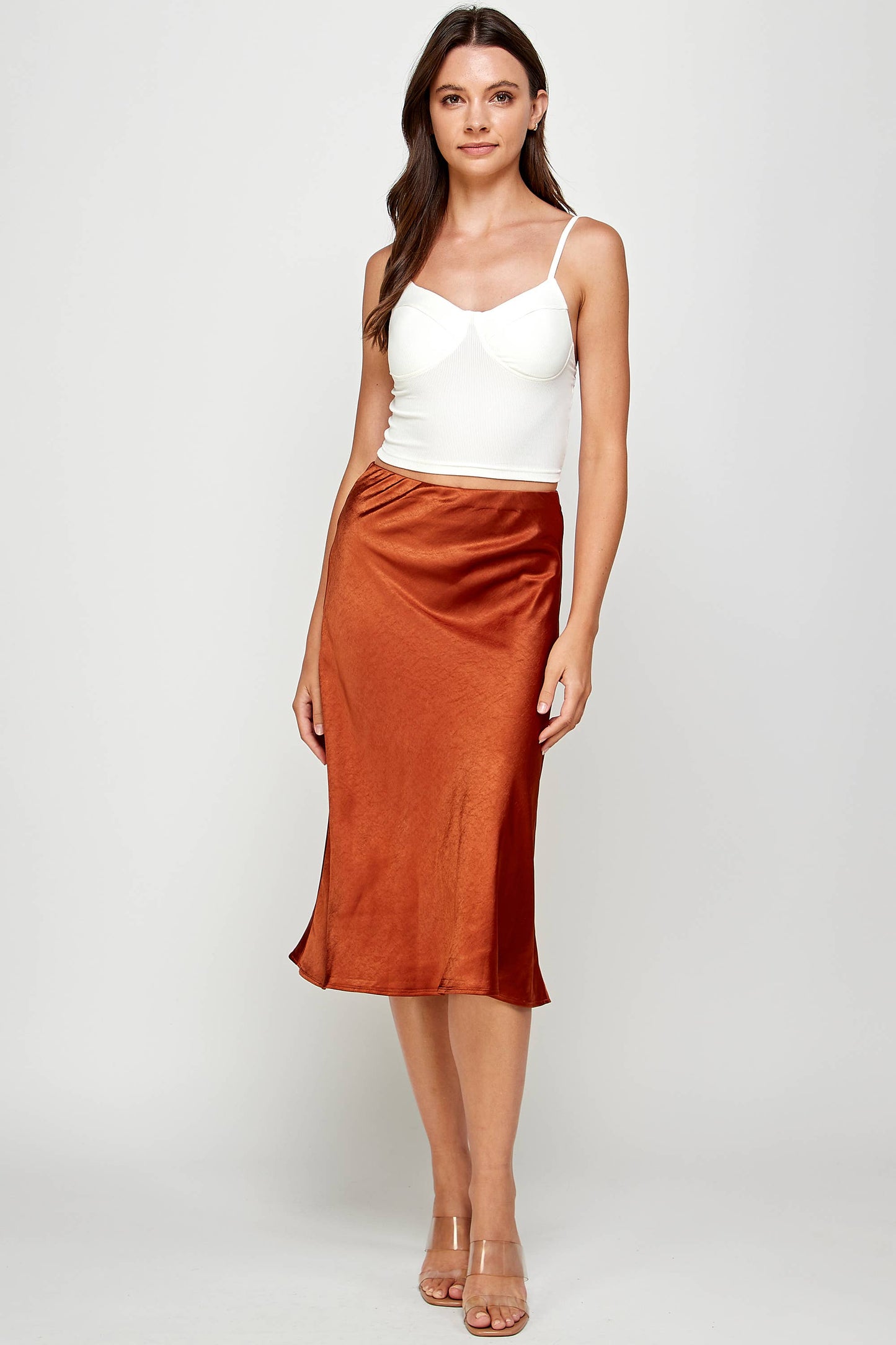 Amber Copper Satin Midi Skirt