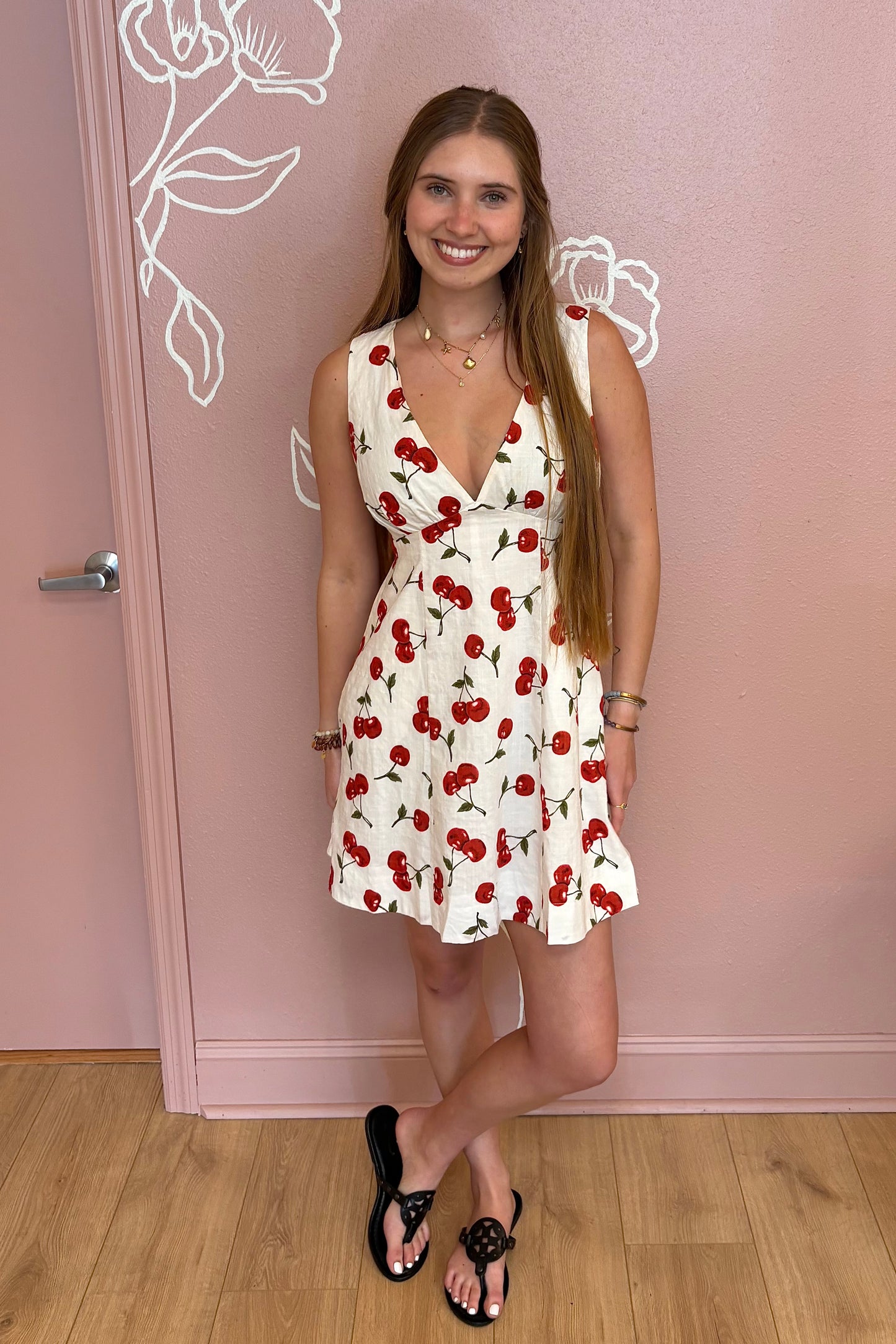 Cherry Print V Neck Mini Dress