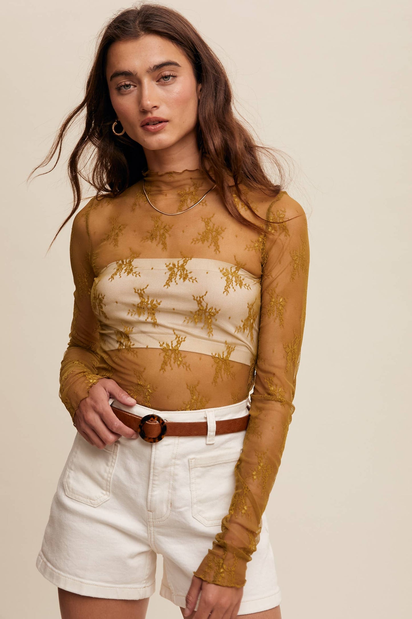 Sophia Sheer Lace Long-Sleeve Top Mocha