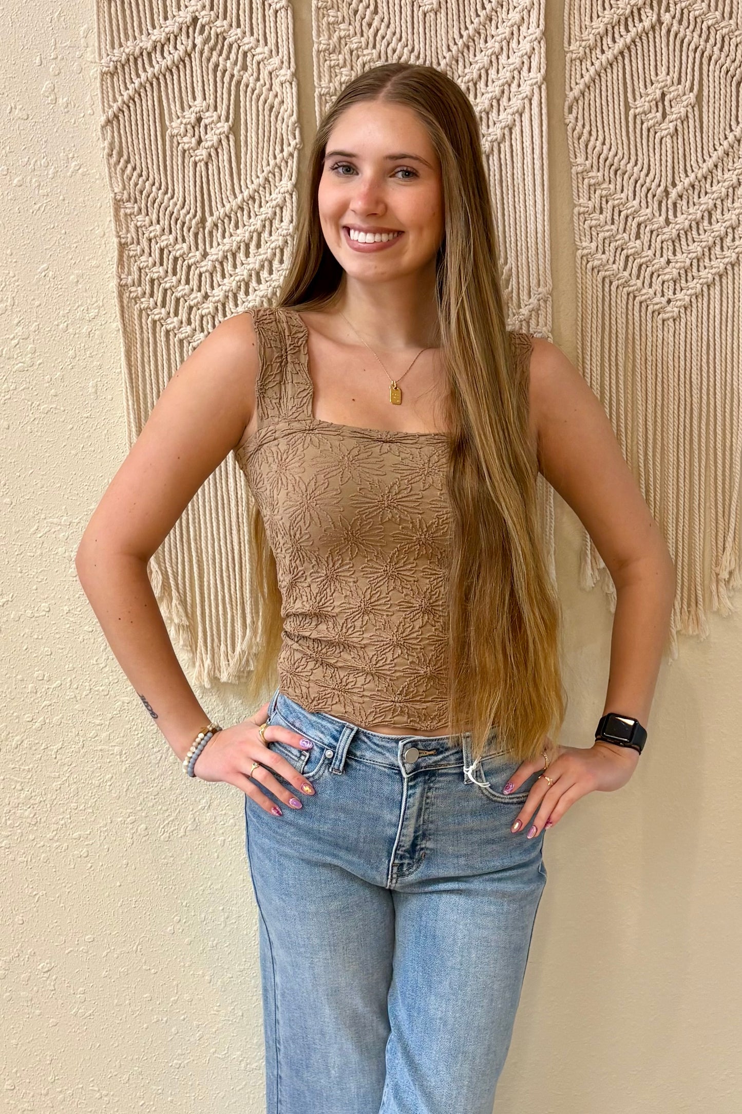 Hailey Coffee Square Neck Floral Jacquard Tank Top