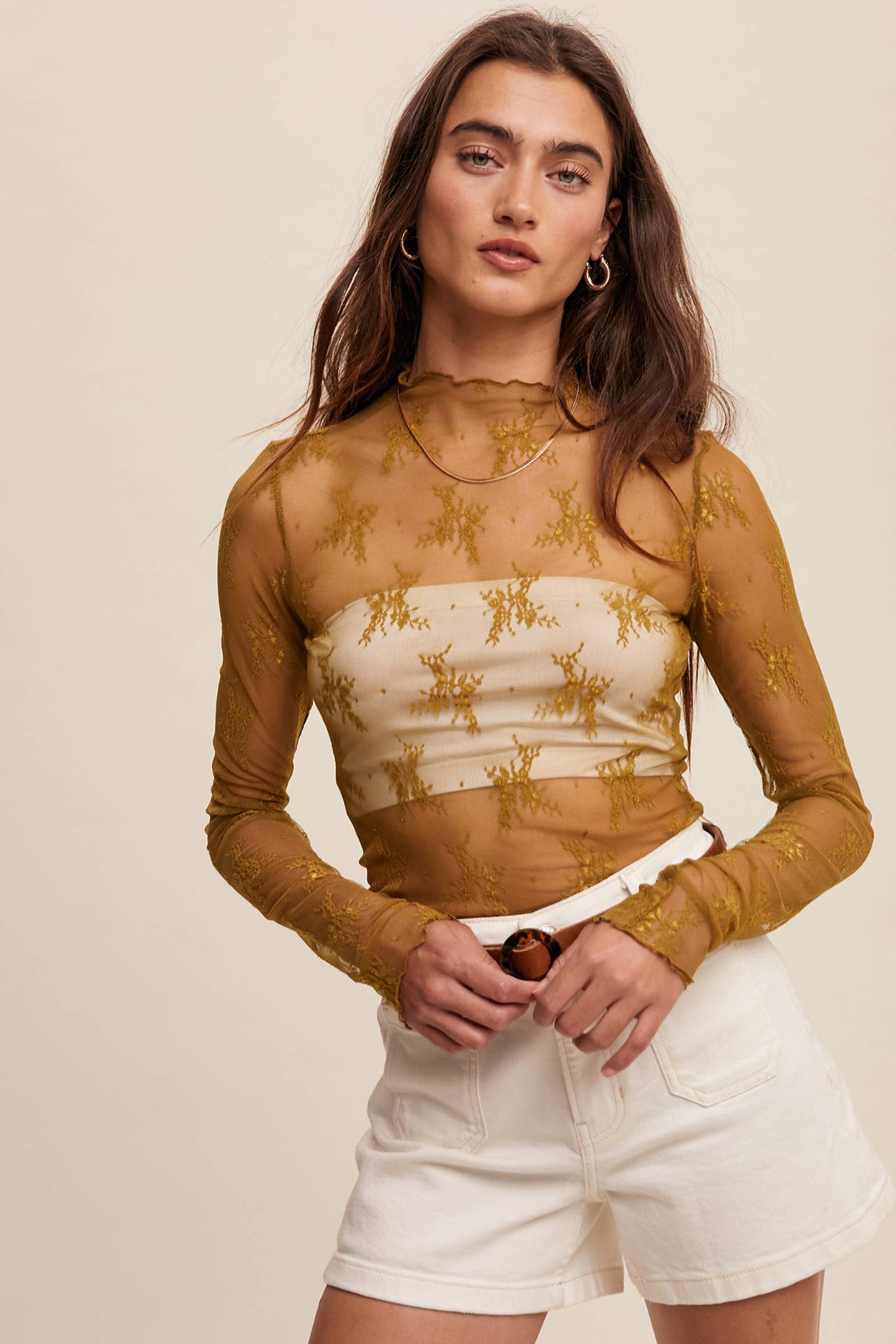 Sophia Sheer Lace Long-Sleeve Top Mocha