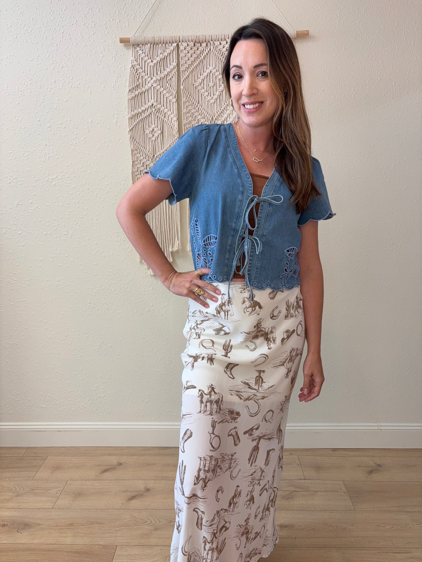 Megan Tie Front Denim Embroidered Top