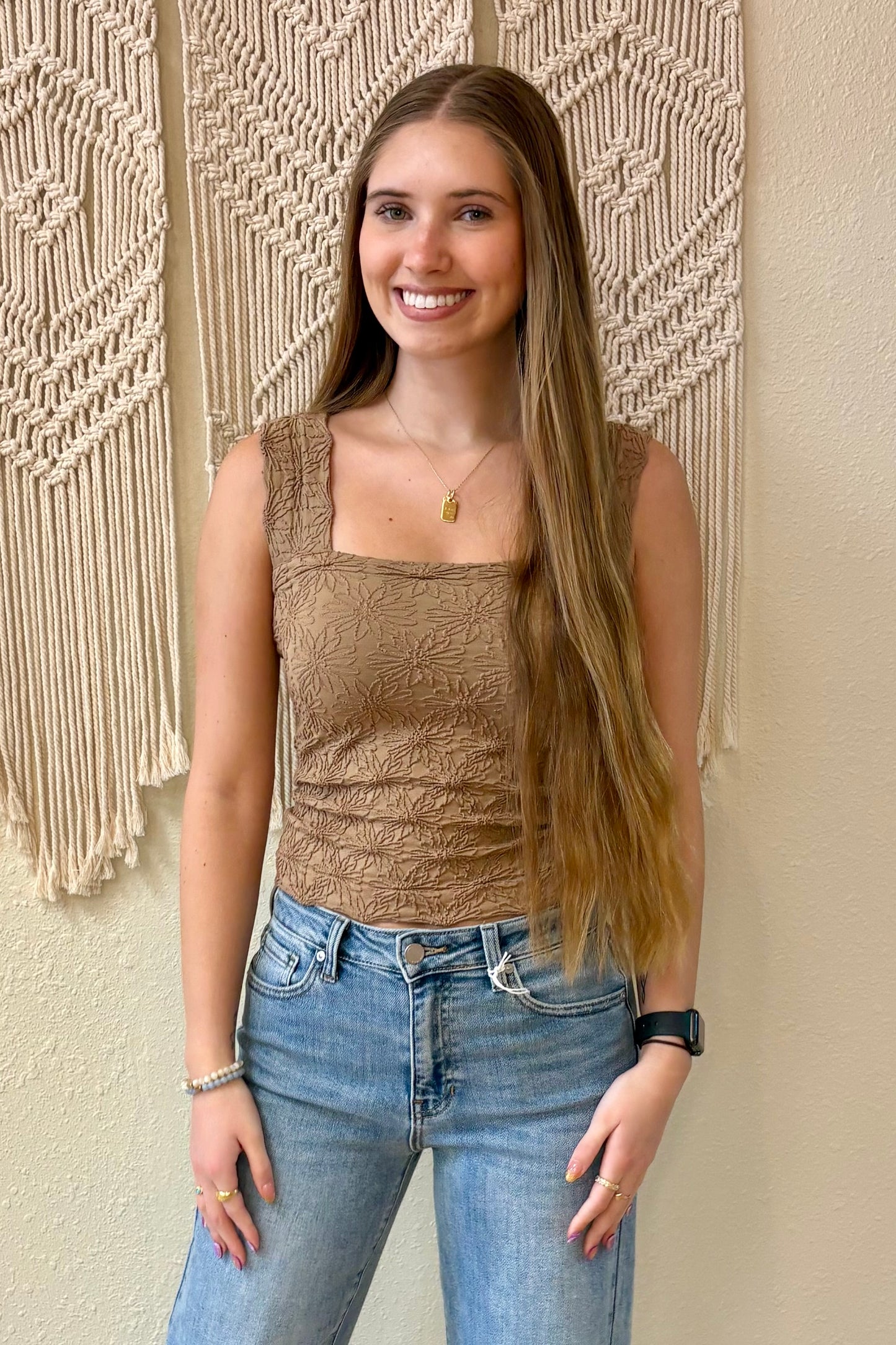 Hailey Coffee Square Neck Floral Jacquard Tank Top