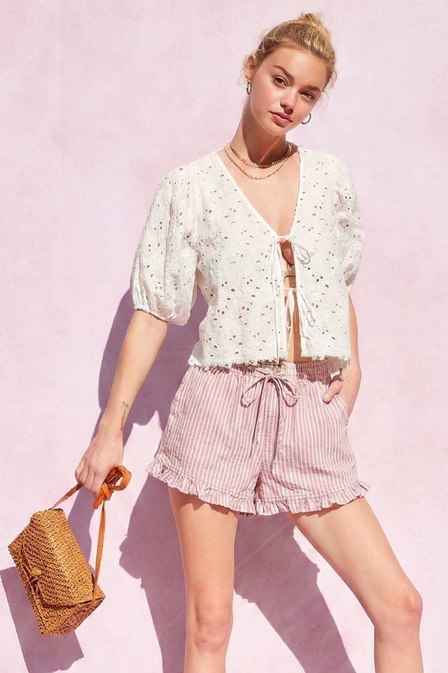 Keri Pink Striped Cotton Ruffle Shorts