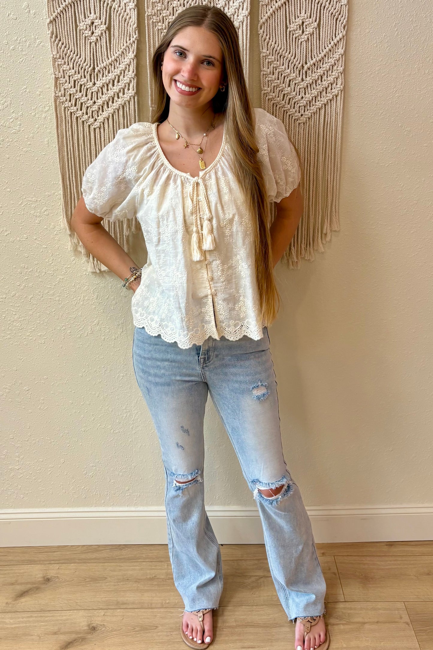 Carmella Tie Front Embroidered Top