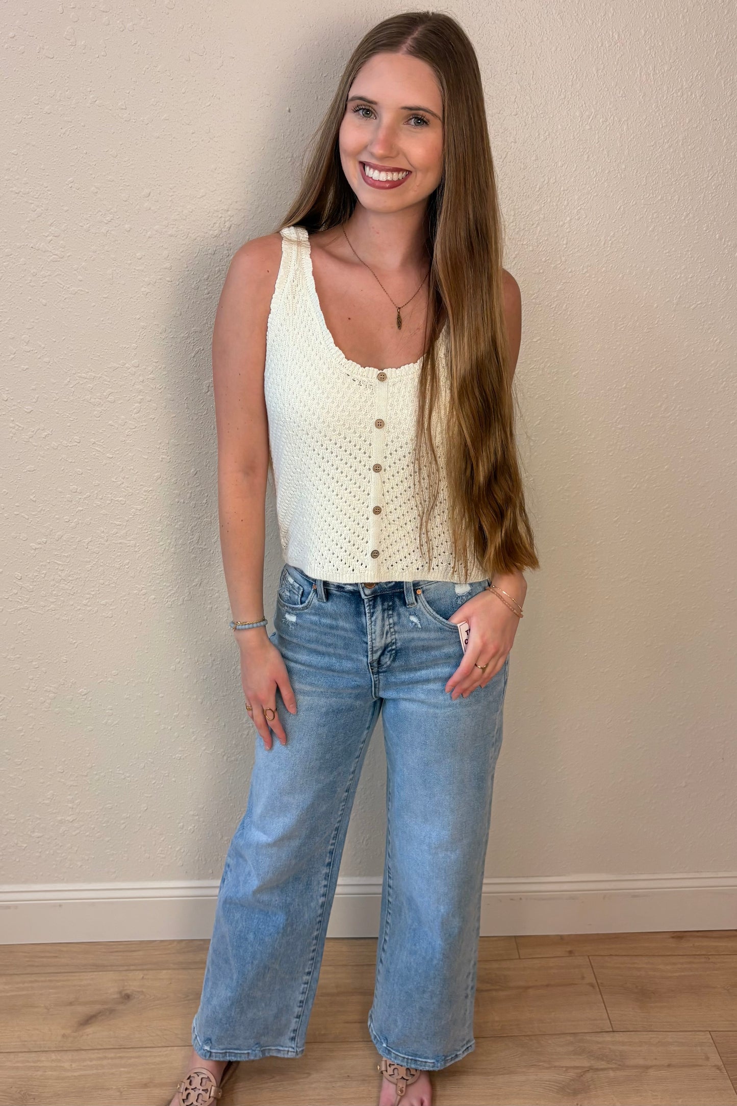 Sarah Scallop Edge Button Front Tank Top