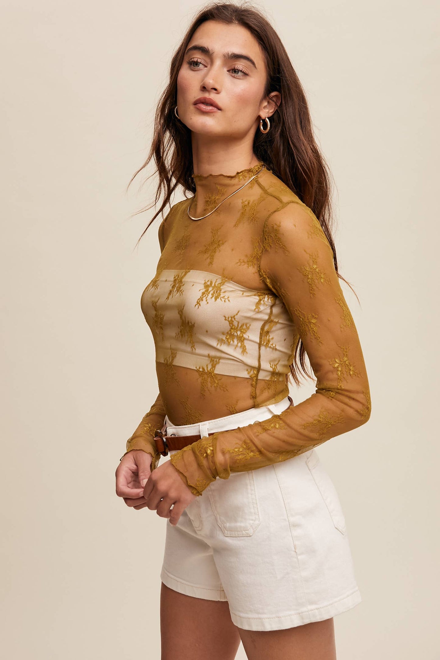 Sophia Sheer Lace Long-Sleeve Top Mocha
