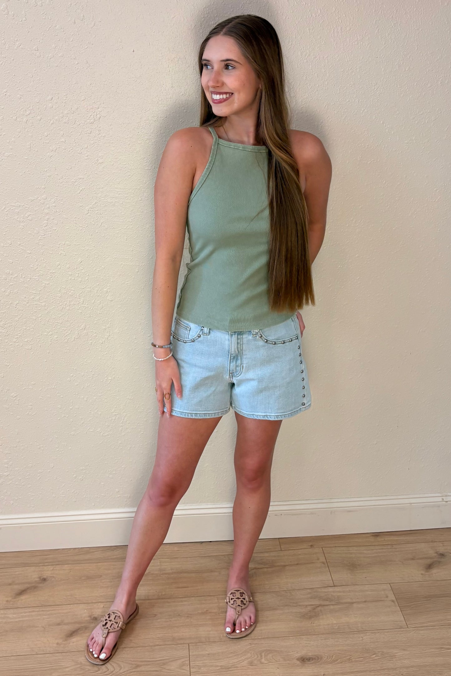 Isabella Sage Green Square Neck Tank Top