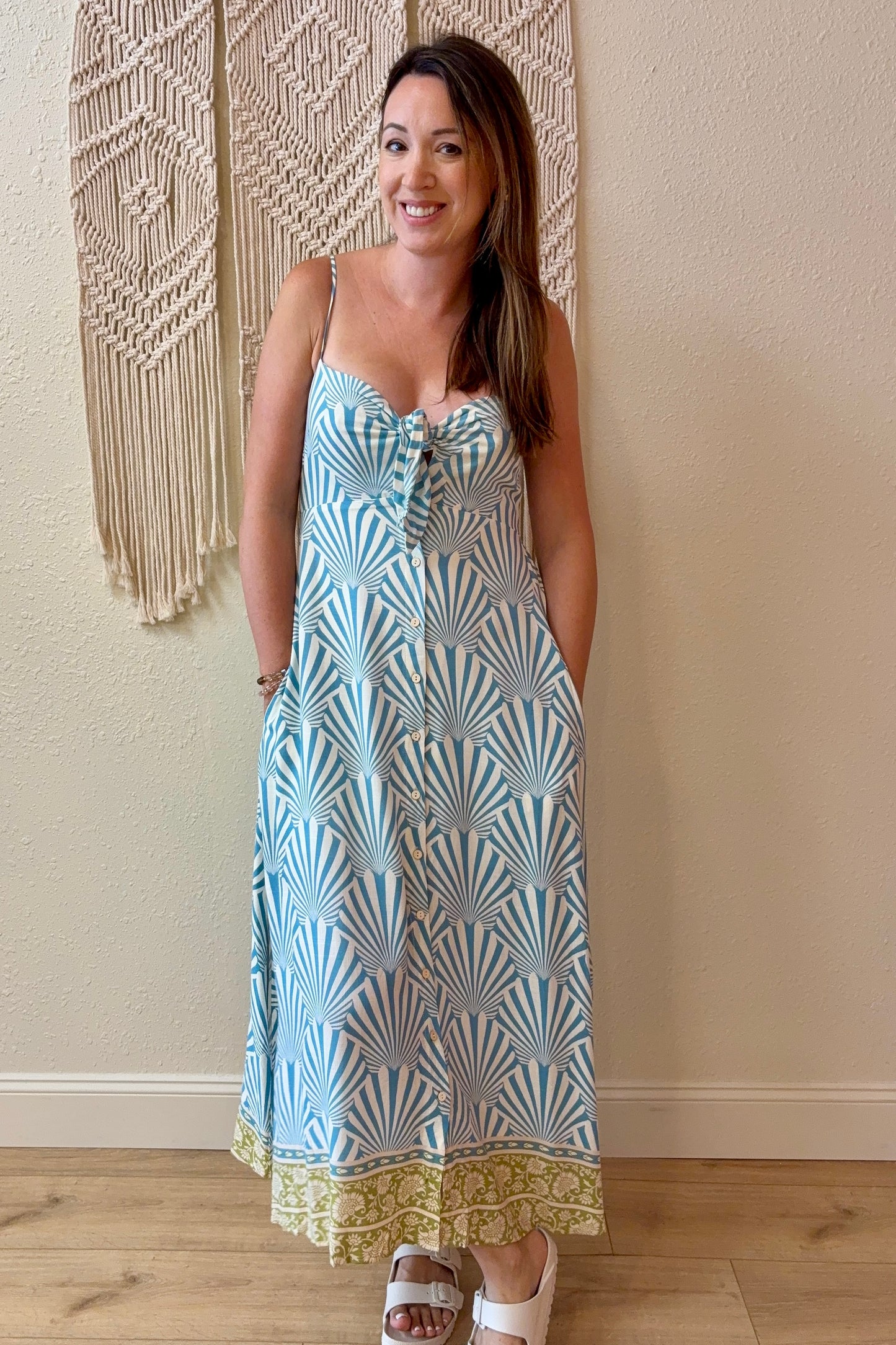 Liliana Shell Print Tie Front Maxi Dress