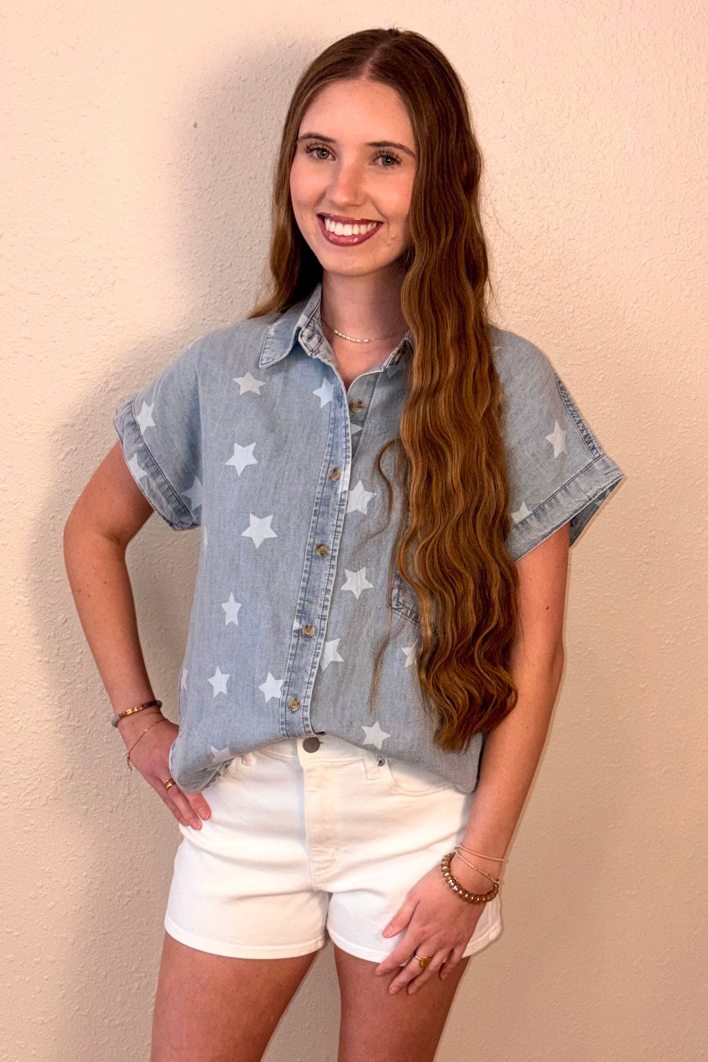 Lana Star Print Denim Short Sleeve Shirt