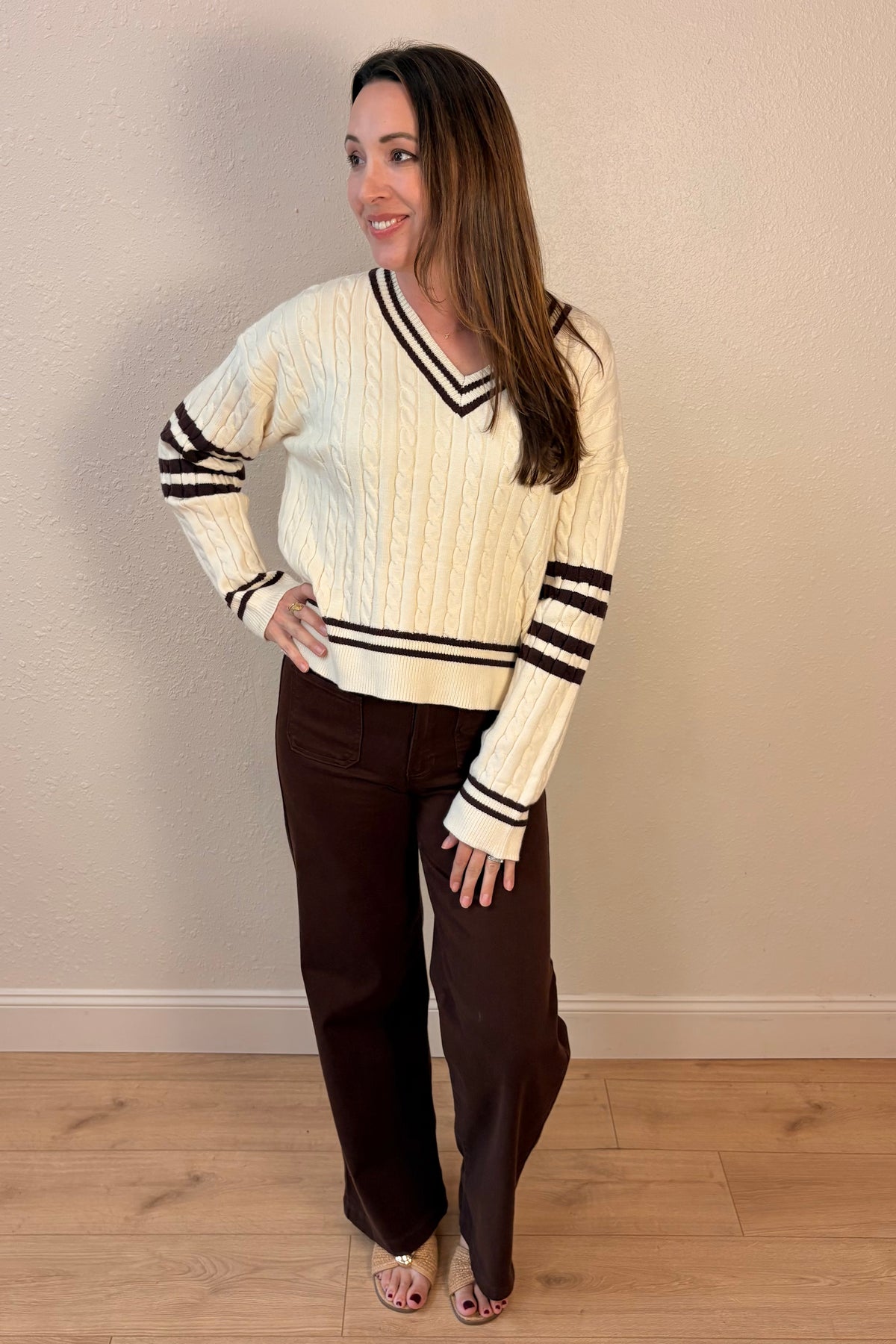 Paige Cable Knit Varsity V-Neck Sweater