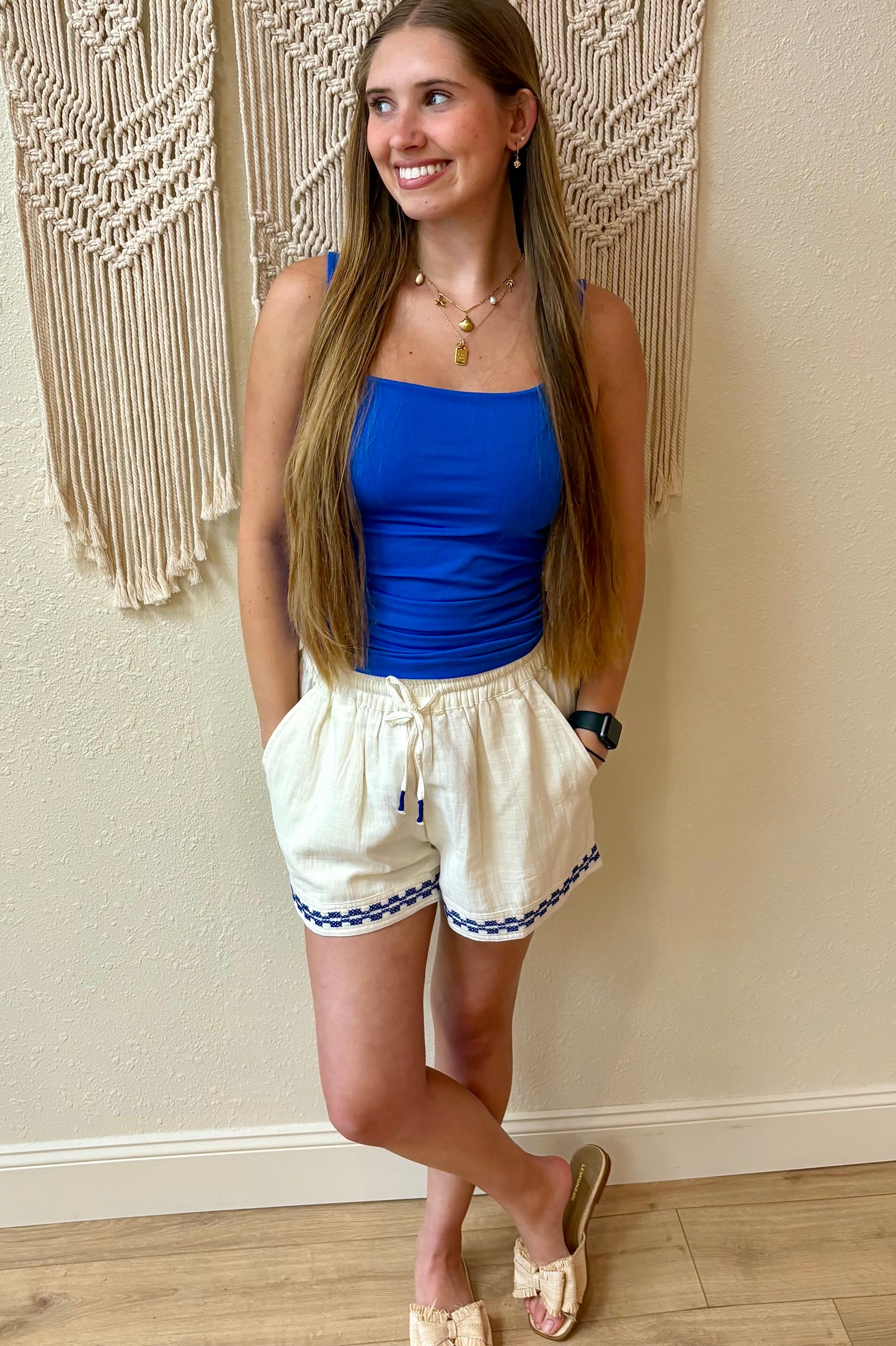 Caroline Tie Front Embroidered Shorts