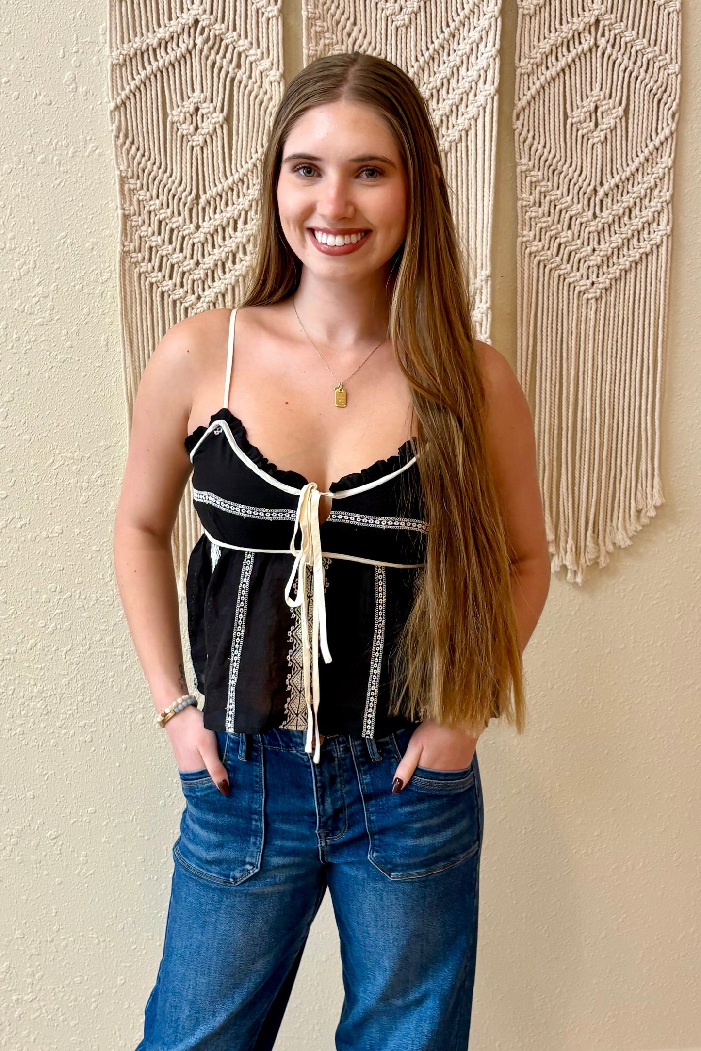 Brielle Embroidered Tie Front Tank Top