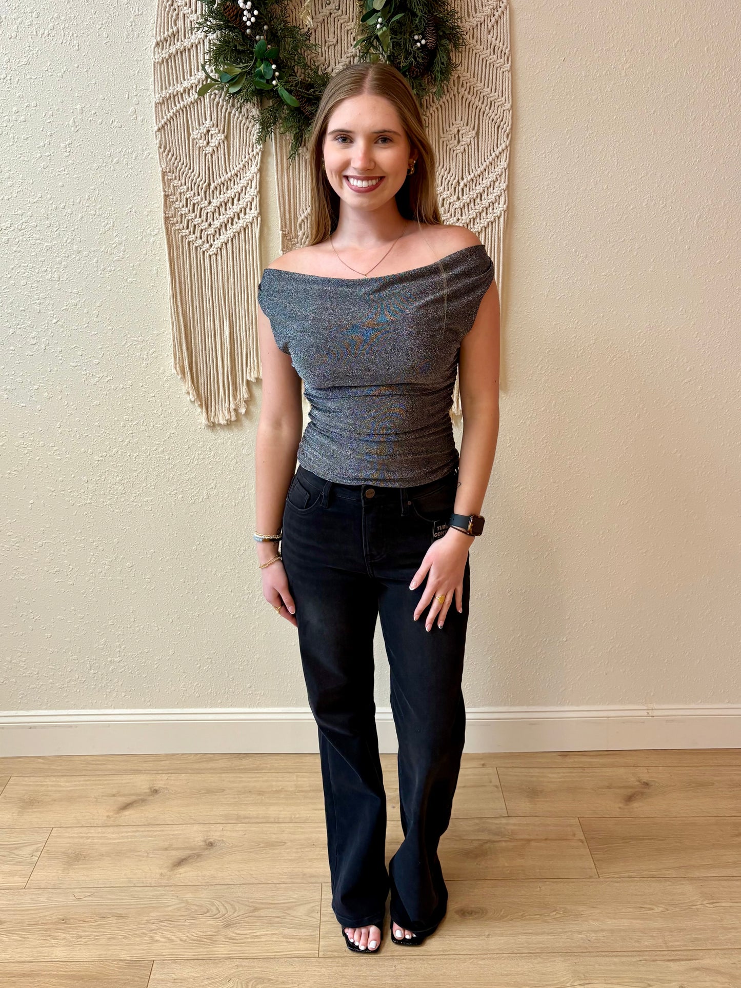 Fiona Black Draped Sparkle Top