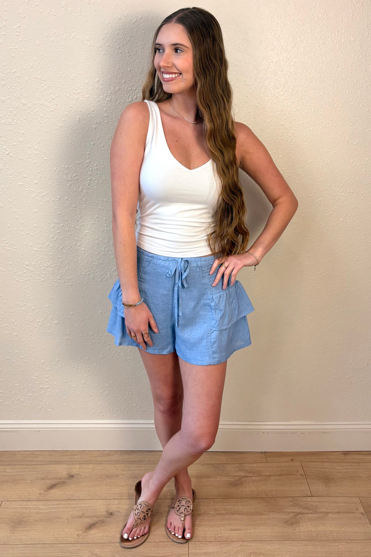 Skye Light Blue Ruffle Shorts