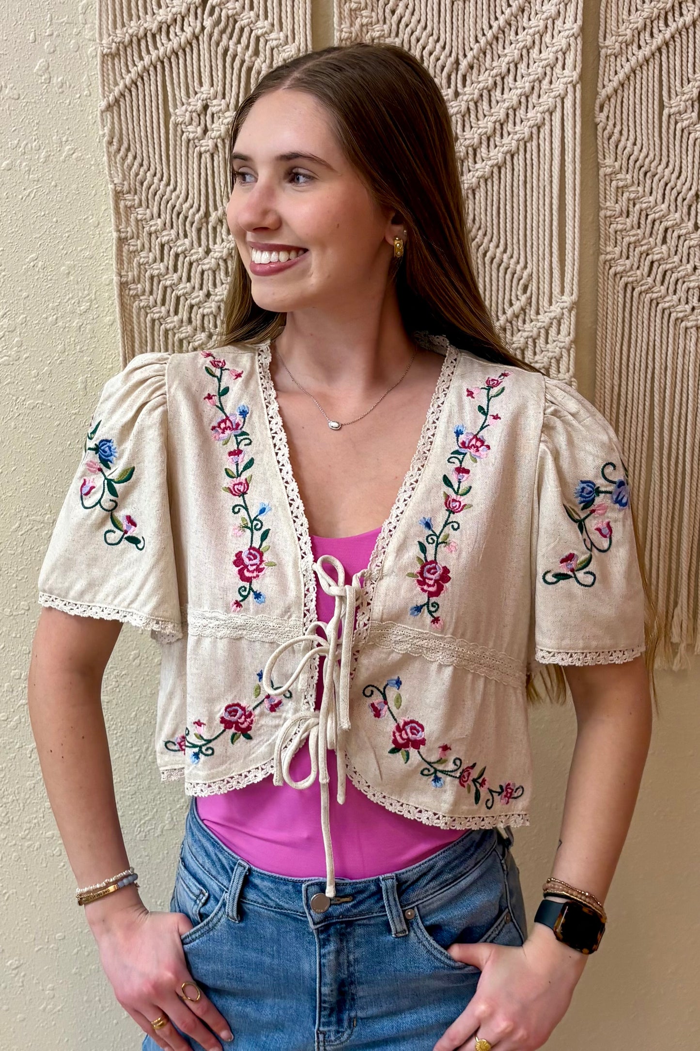 Laura Tie Front Embroidered Top