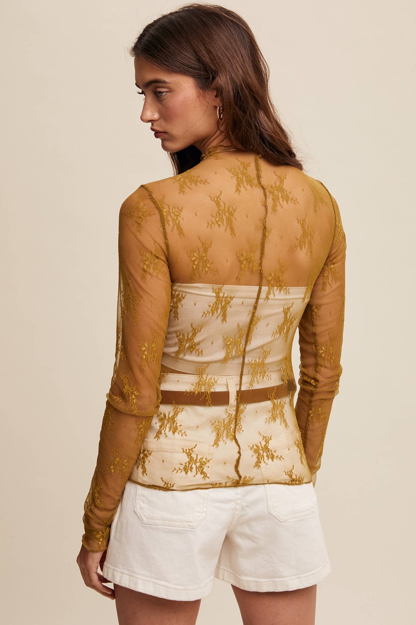 Sophia Sheer Lace Long-Sleeve Top Mocha