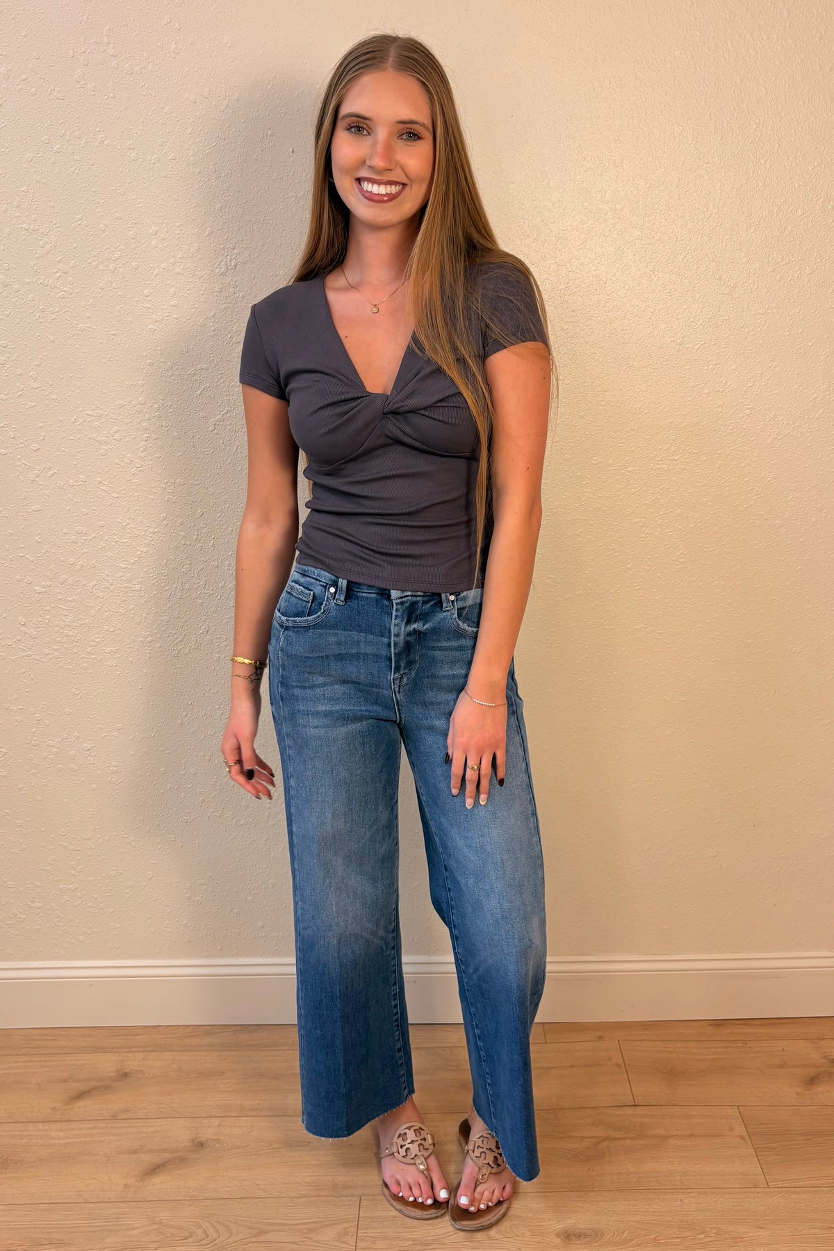 Brooklyn Charcoal Twist Front V Neck Top