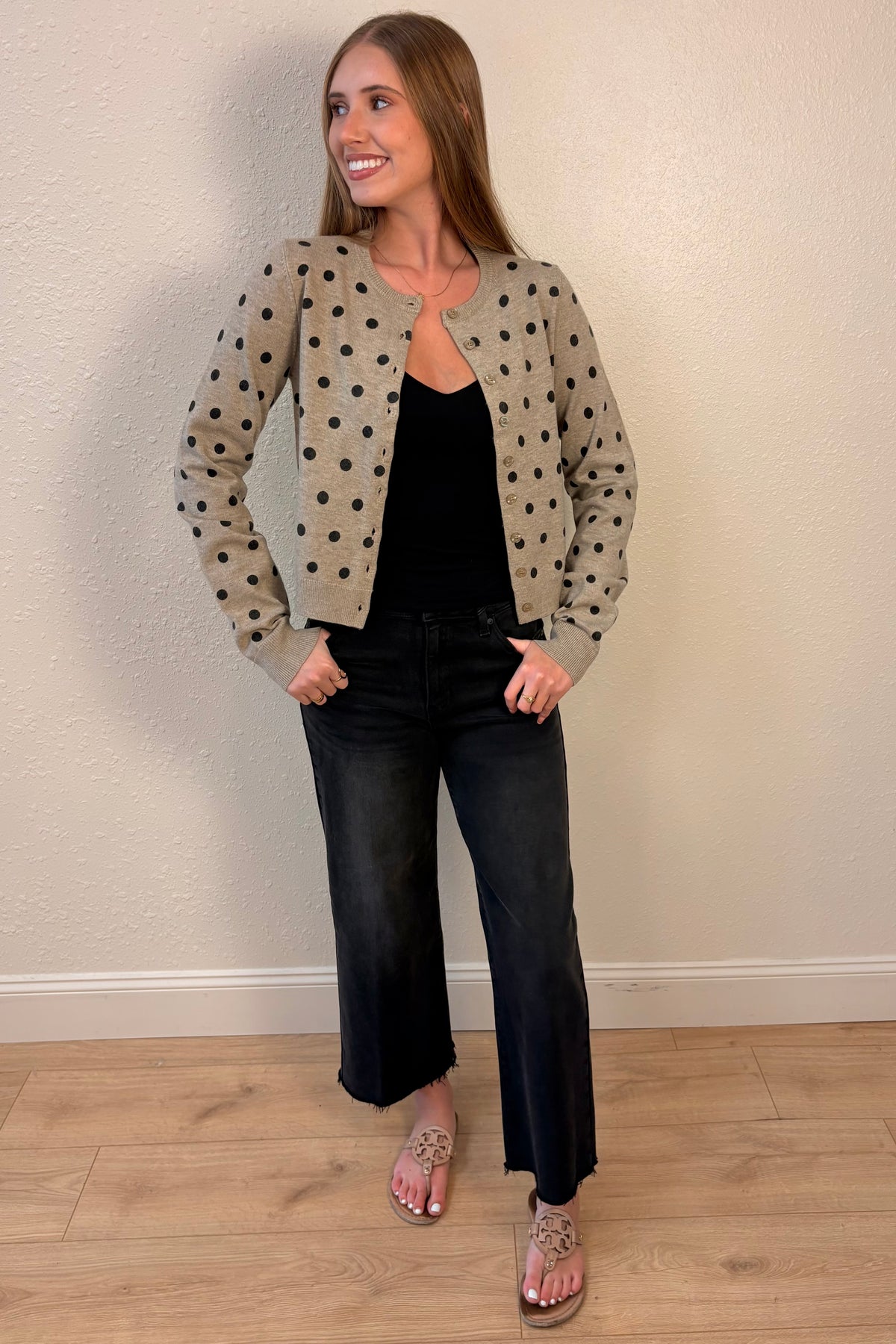 Sadie Taupe Polka Dot Cardigan Sweater