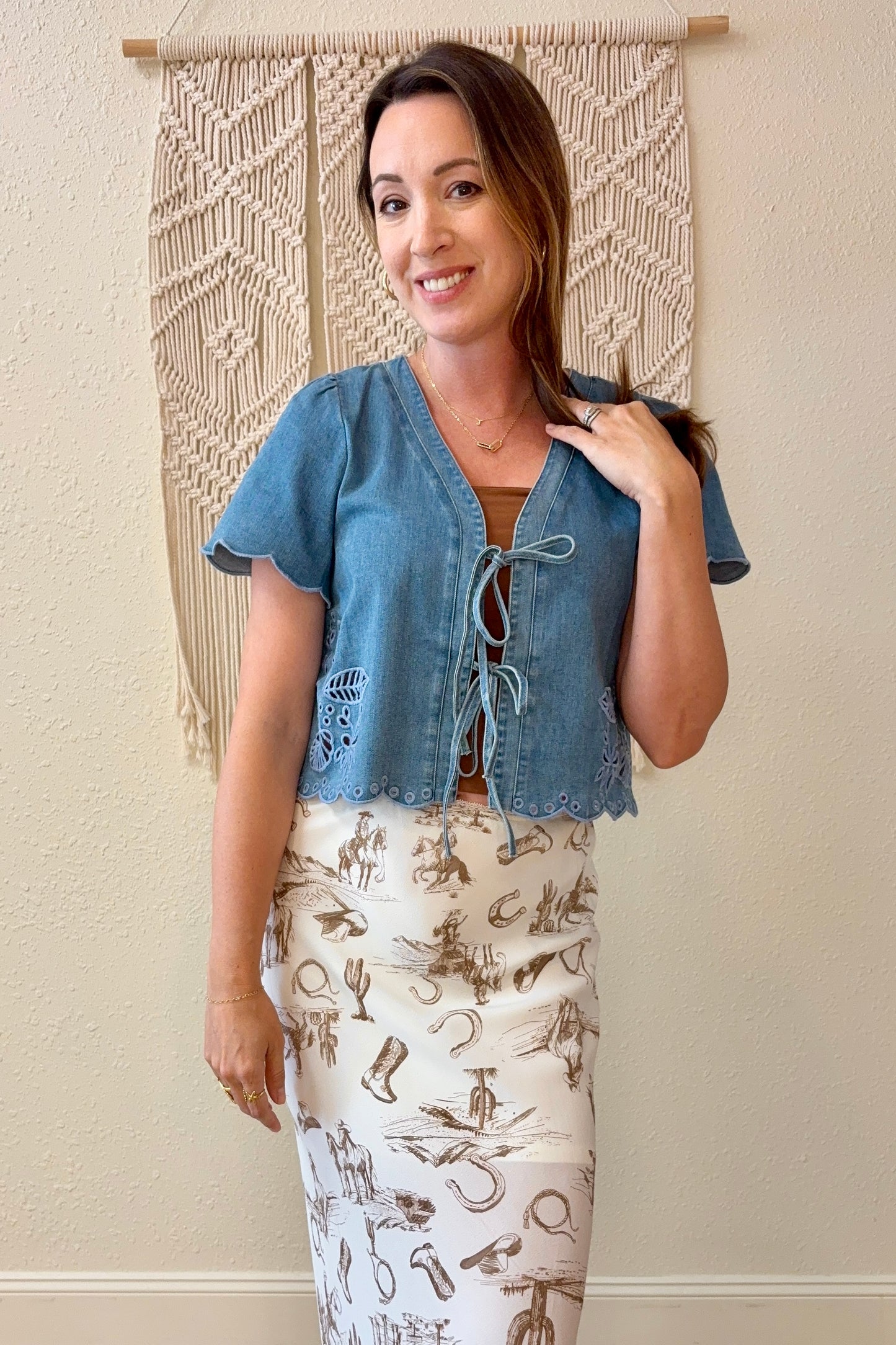 Megan Tie Front Denim Embroidered Top