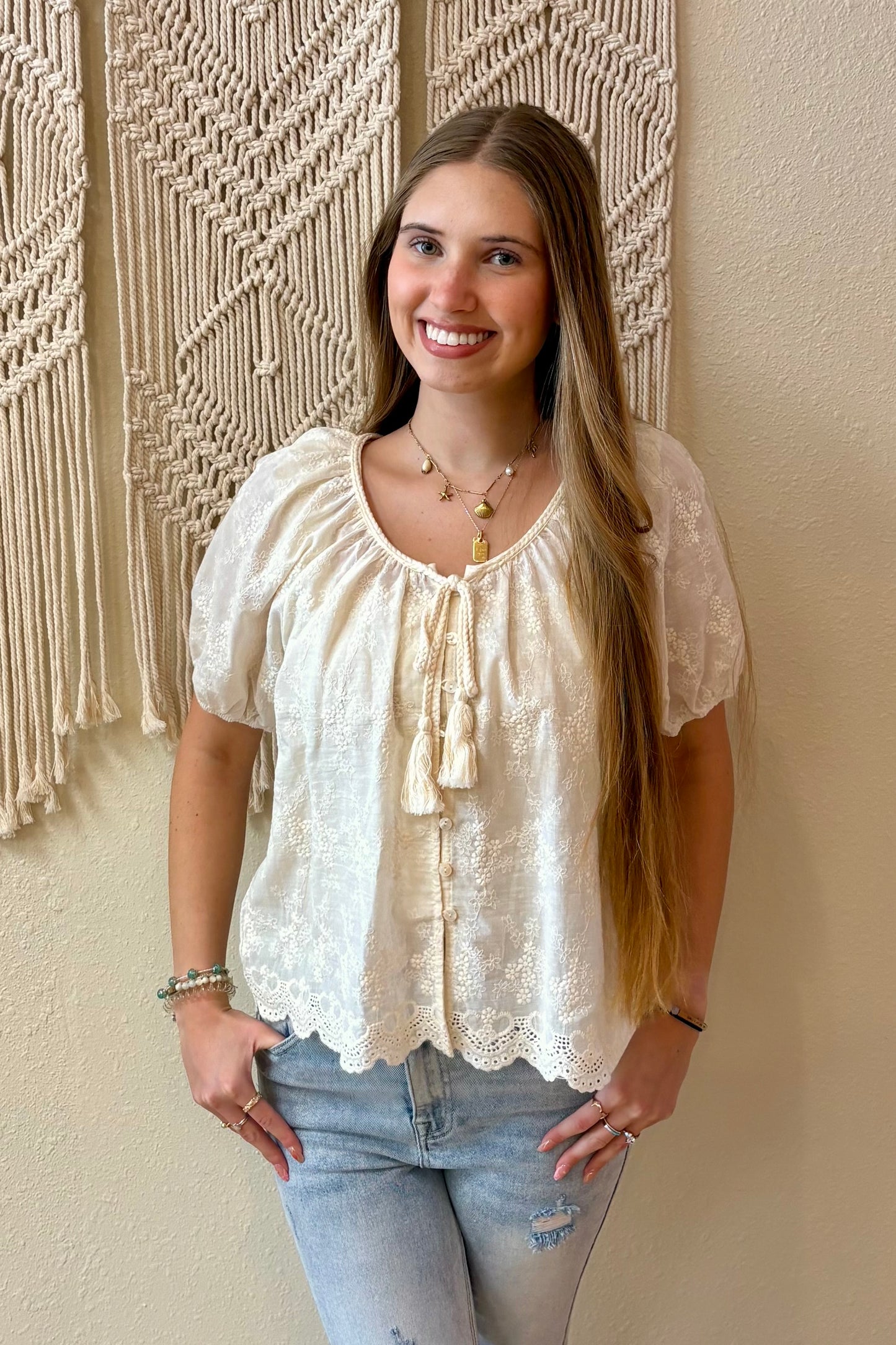 Carmella Tie Front Embroidered Top