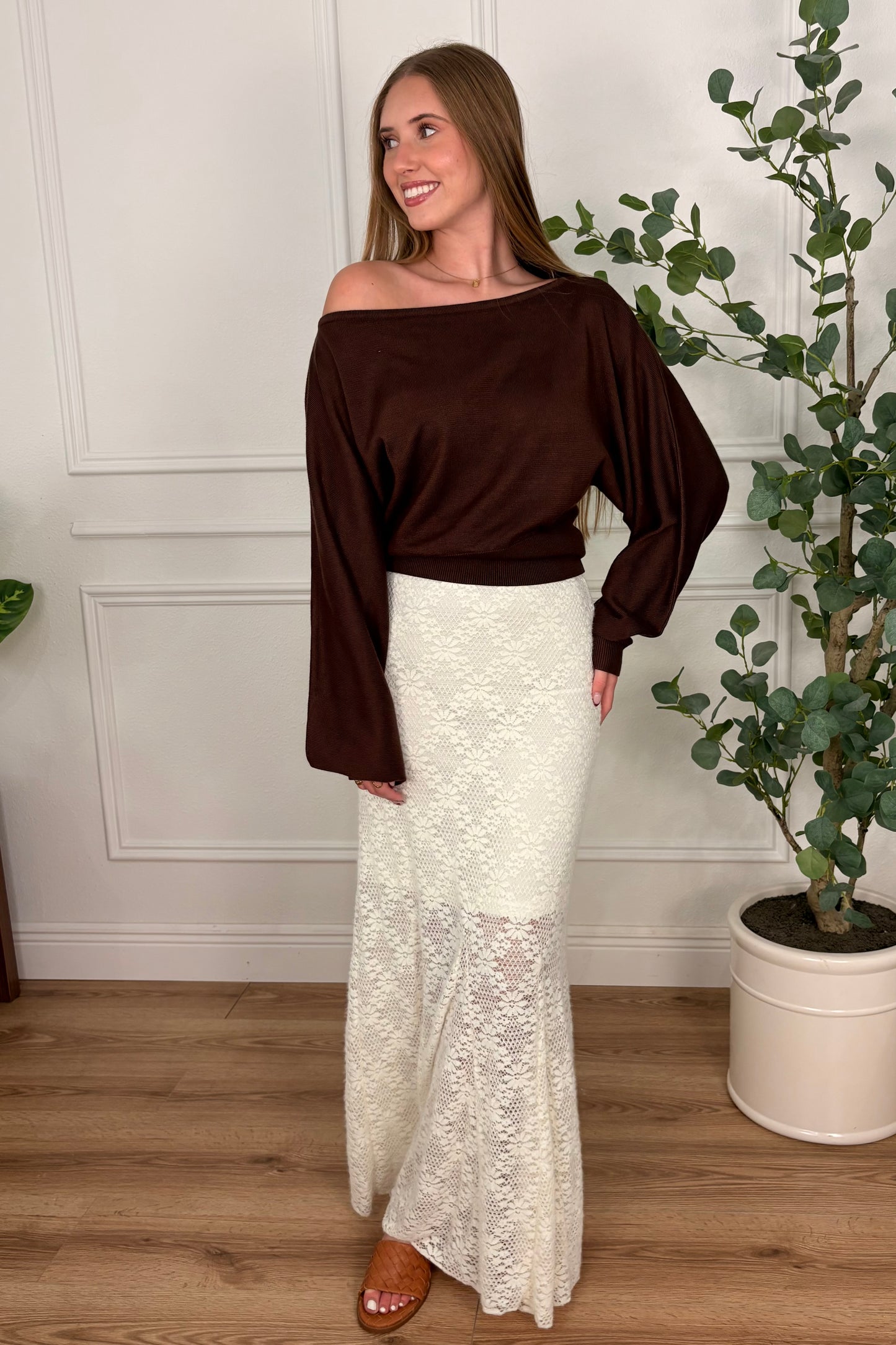 Elenore Chocolate Brown Off the Shoulder Sweater