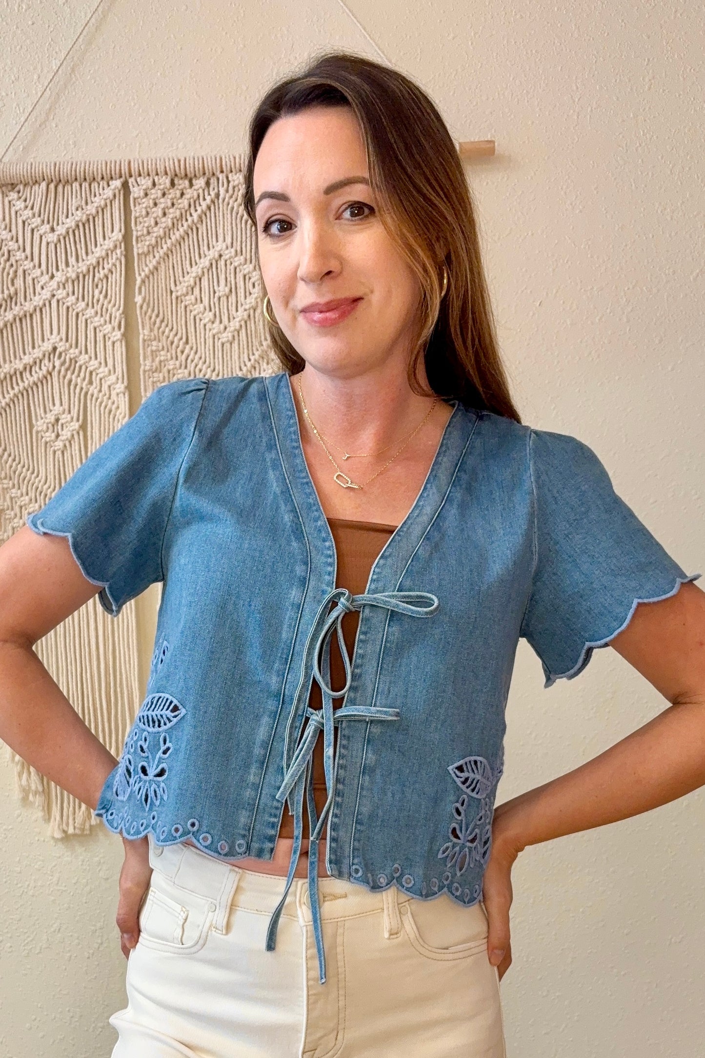 Megan Tie Front Denim Embroidered Top