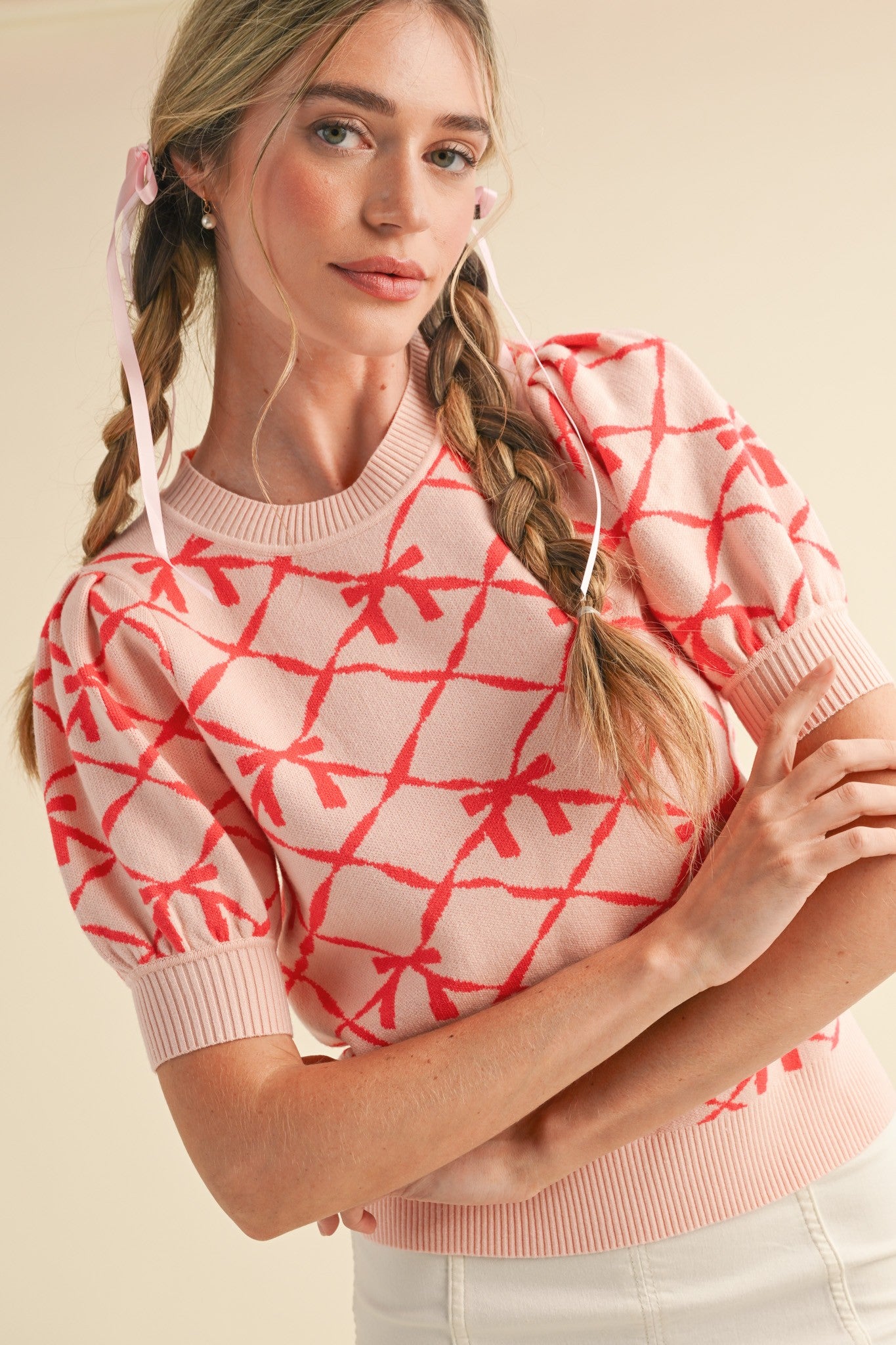 Kelcy Bow Print Short Sleeve Sweater