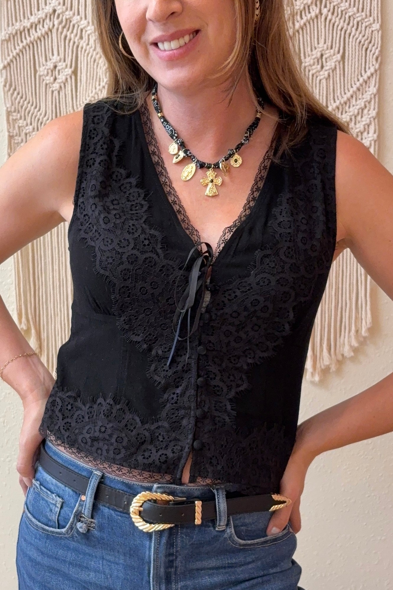 Selene Lace Trim Tie Front Vest