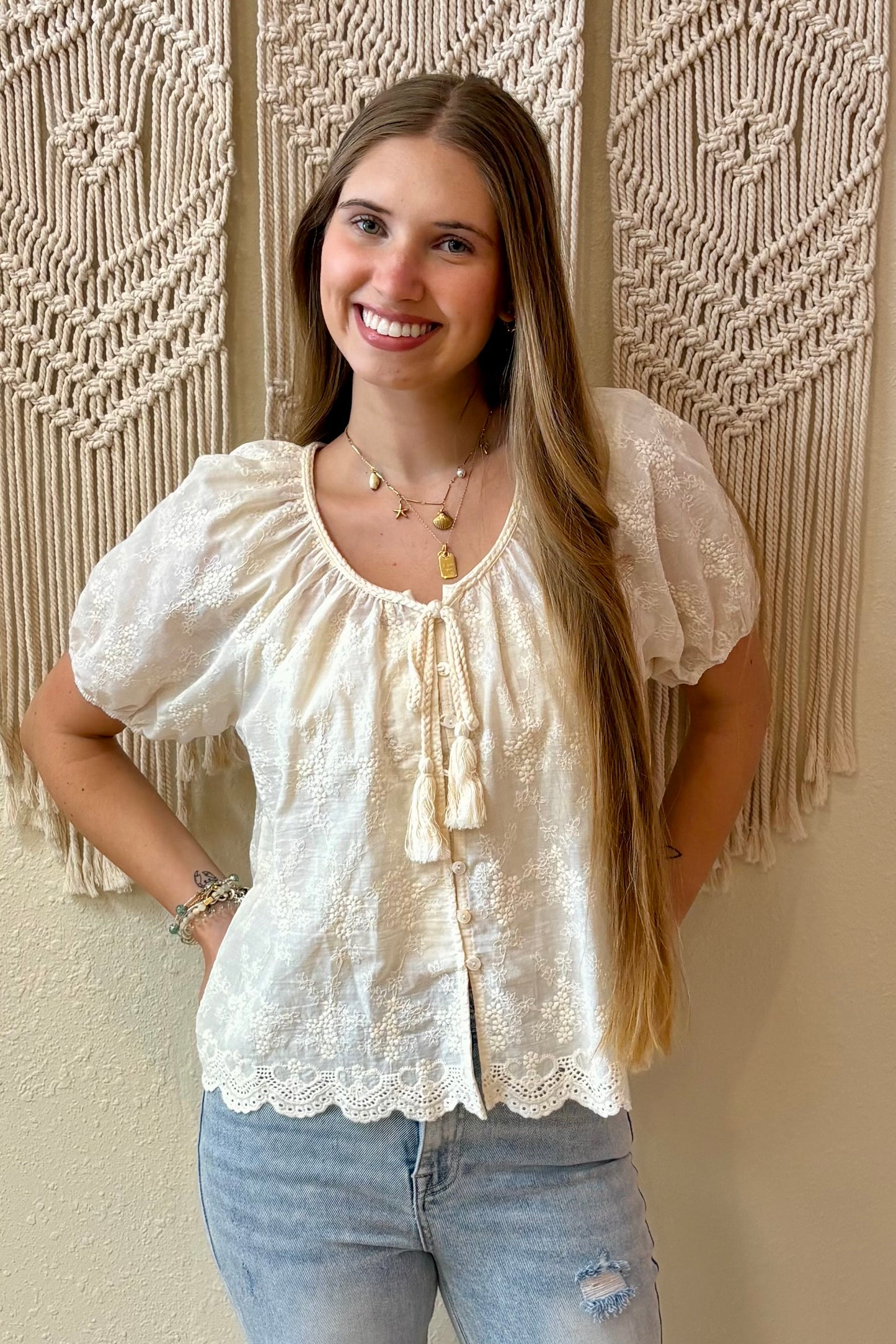 Carmella Tie Front Embroidered Top