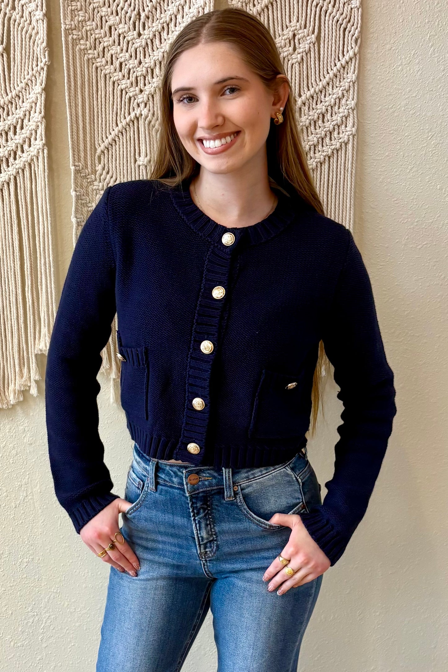 Avery Navy with Gold Buttons Cardigan