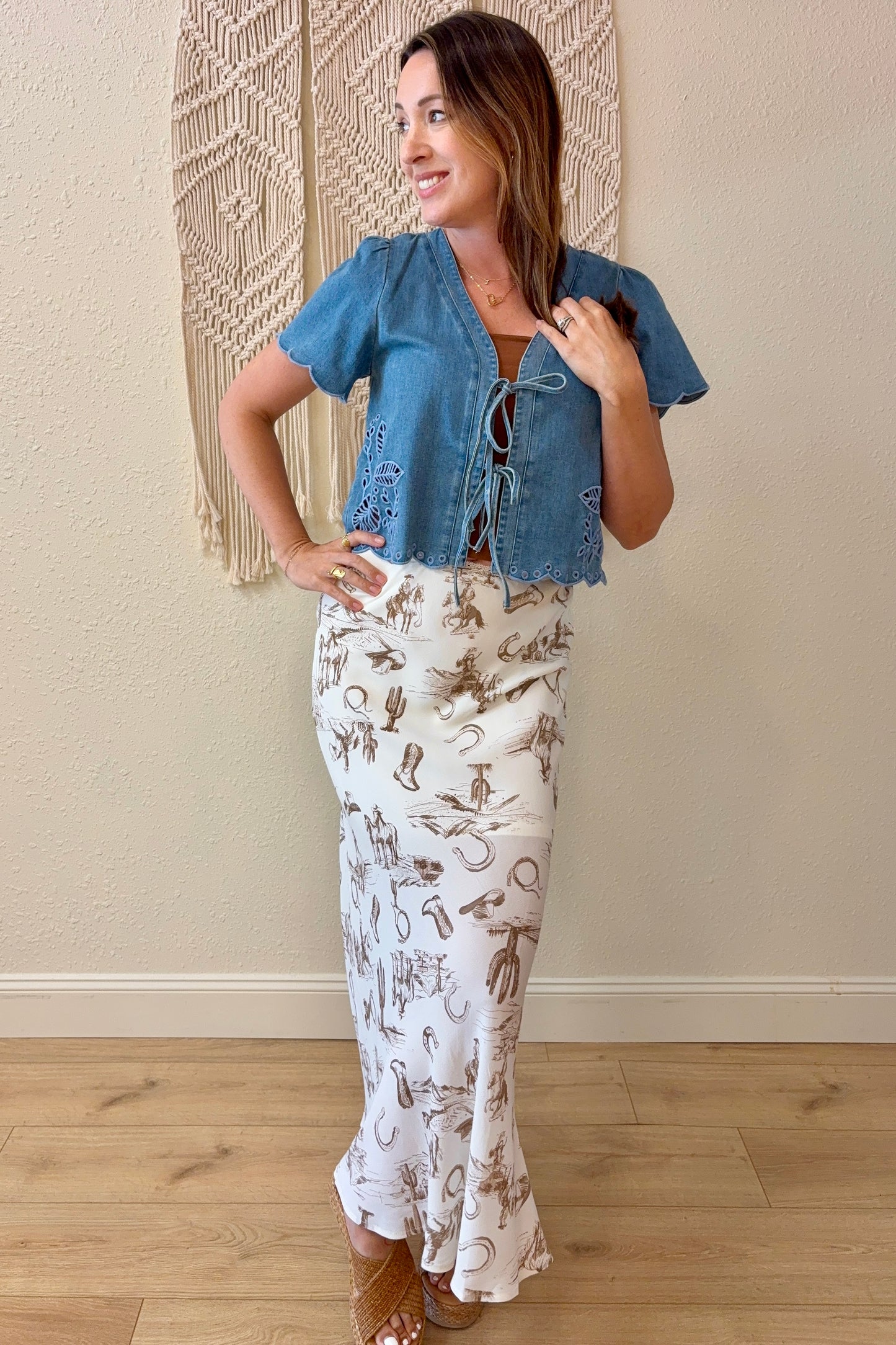 Megan Tie Front Denim Embroidered Top