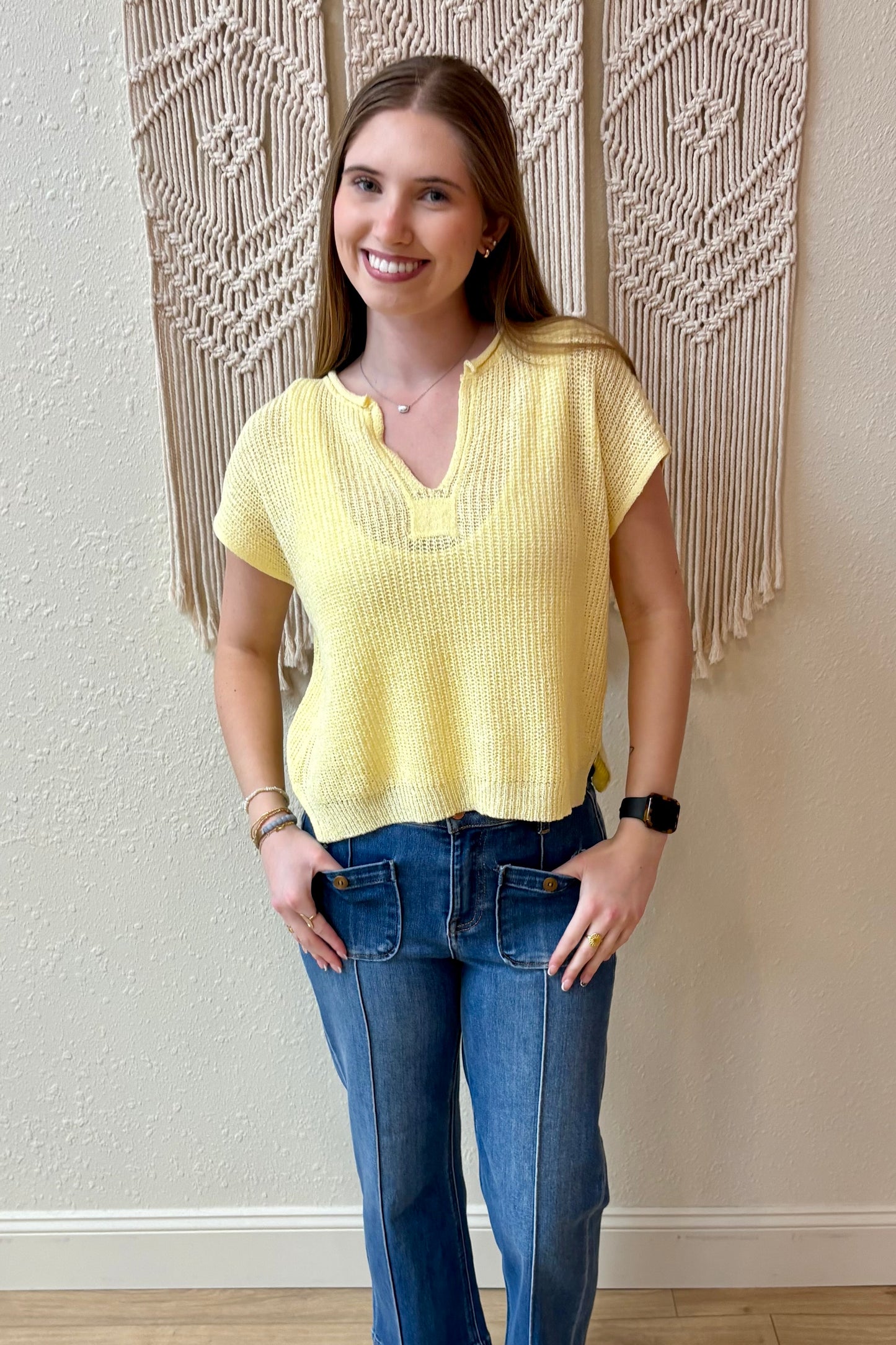 Danielle Light Yellow Split Neck Knit Top