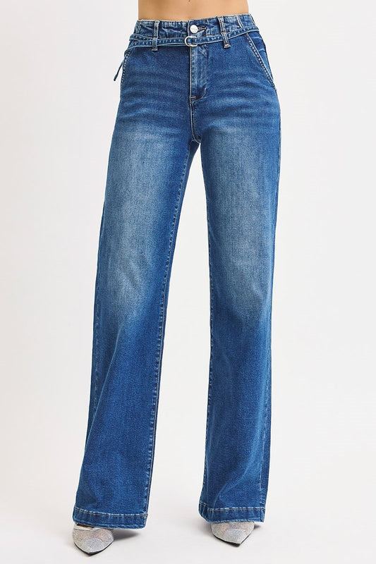 Risen Belted High Rise Wide Leg Jeans
