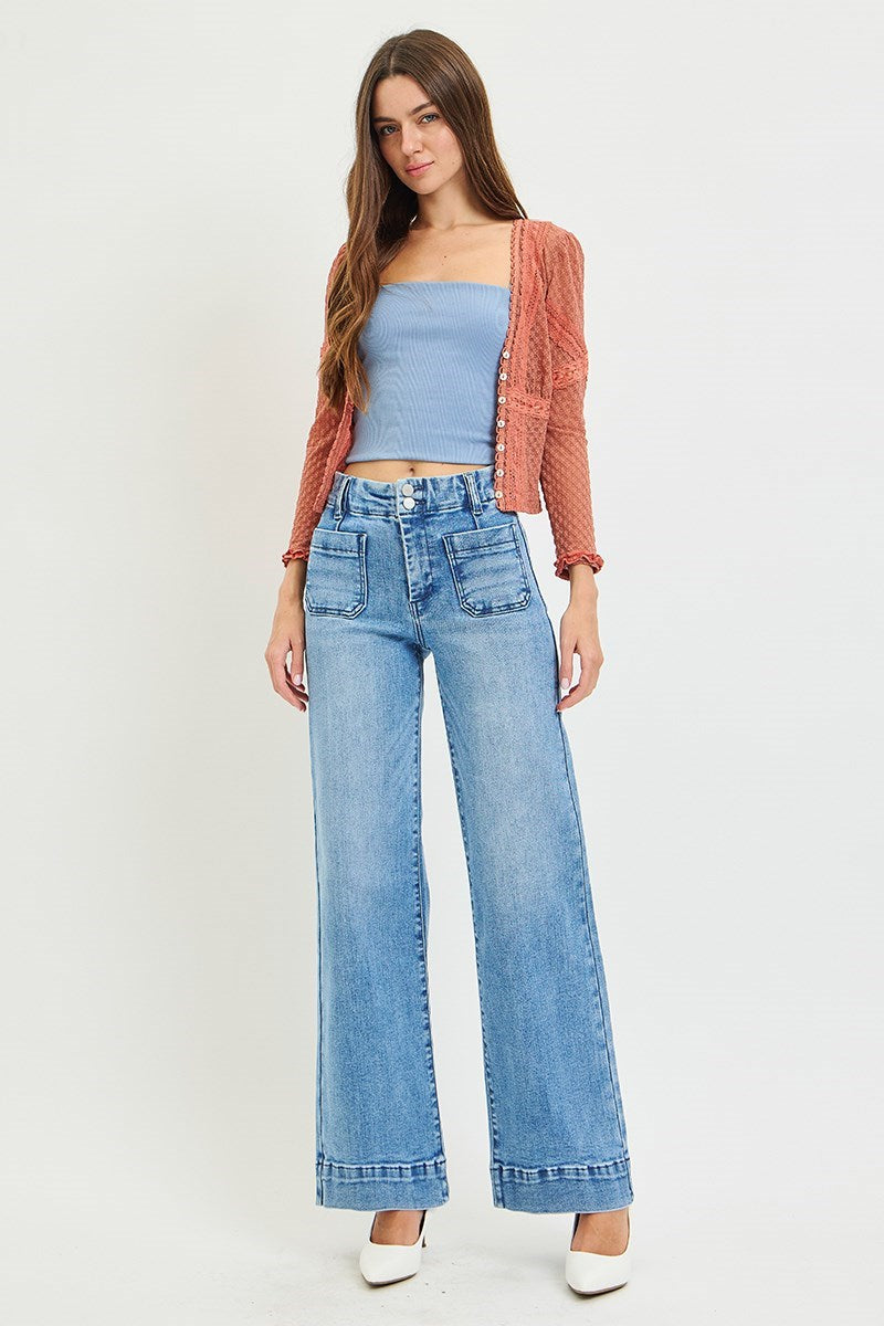 Risen Floral Embroidered Wide Leg Jeans