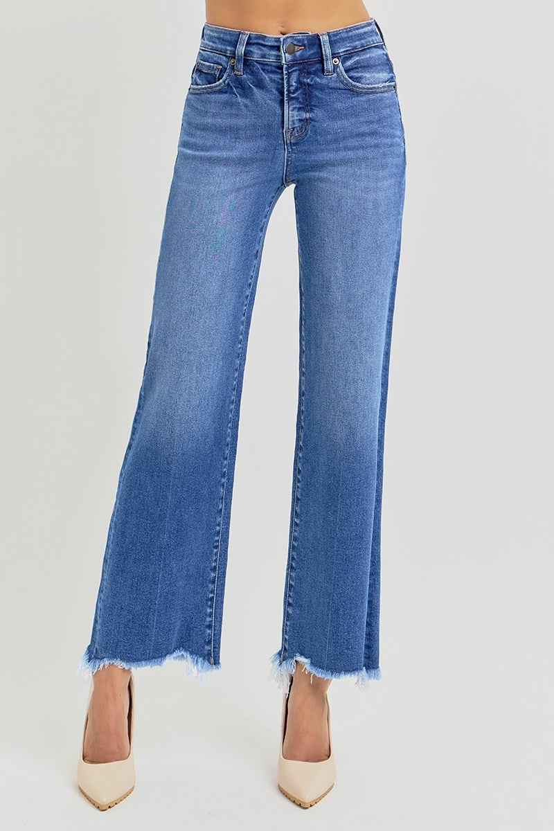 Risen High Rise Frayed Hem Straight Ankle Jean