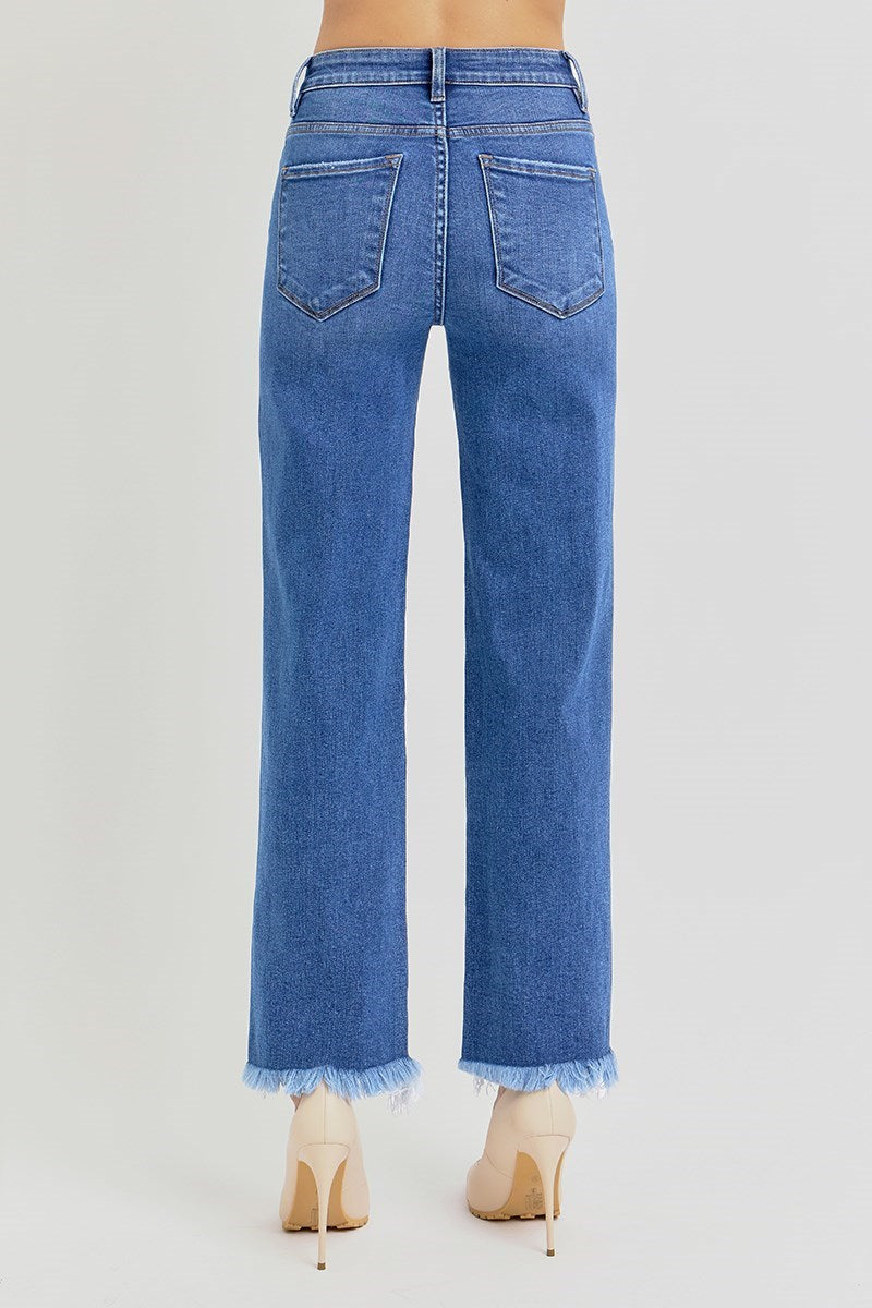 Risen High Rise Frayed Hem Straight Ankle Jean