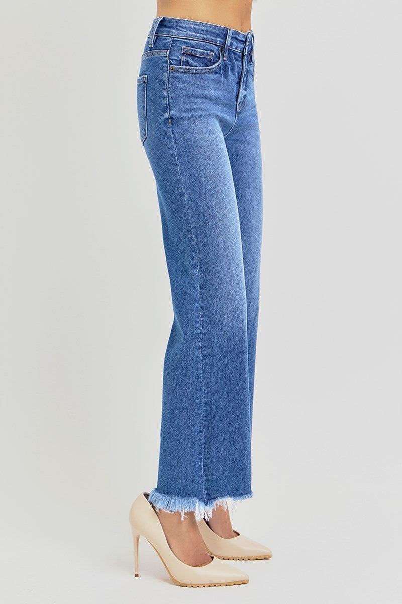 Risen High Rise Frayed Hem Straight Ankle Jean