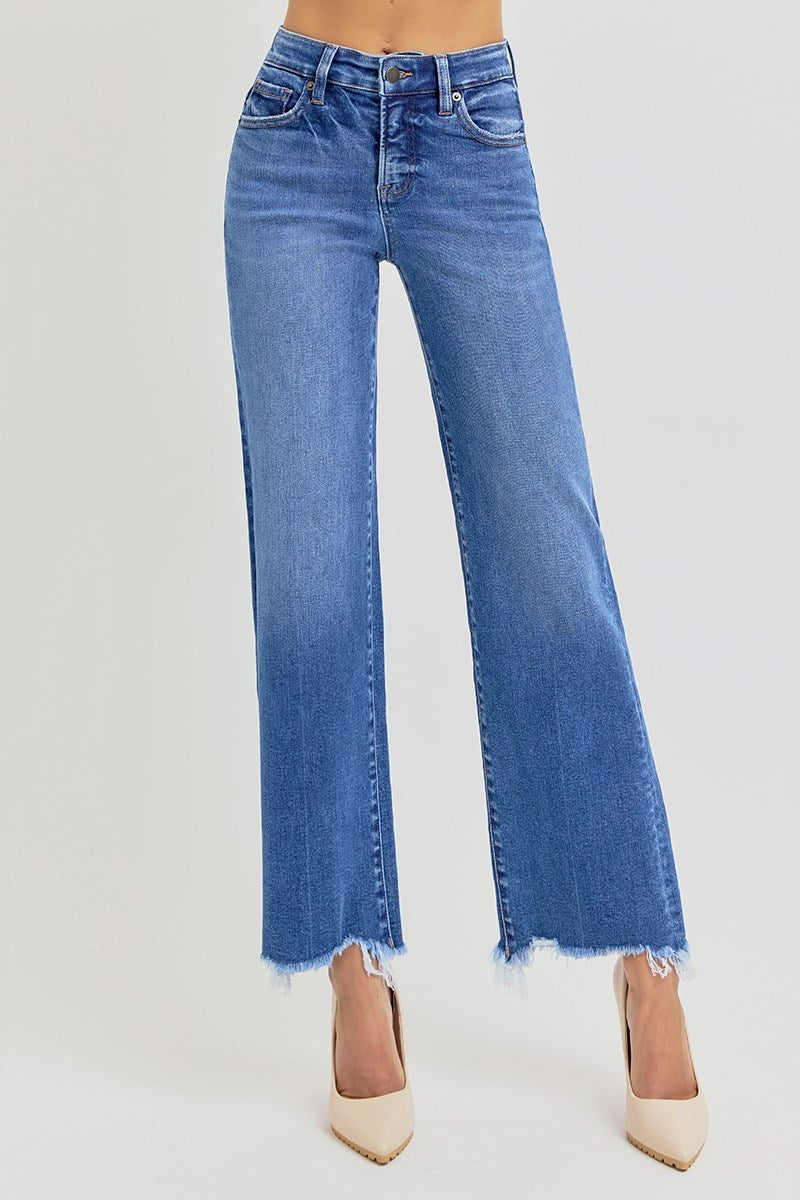 Risen High Rise Frayed Hem Straight Ankle Jean