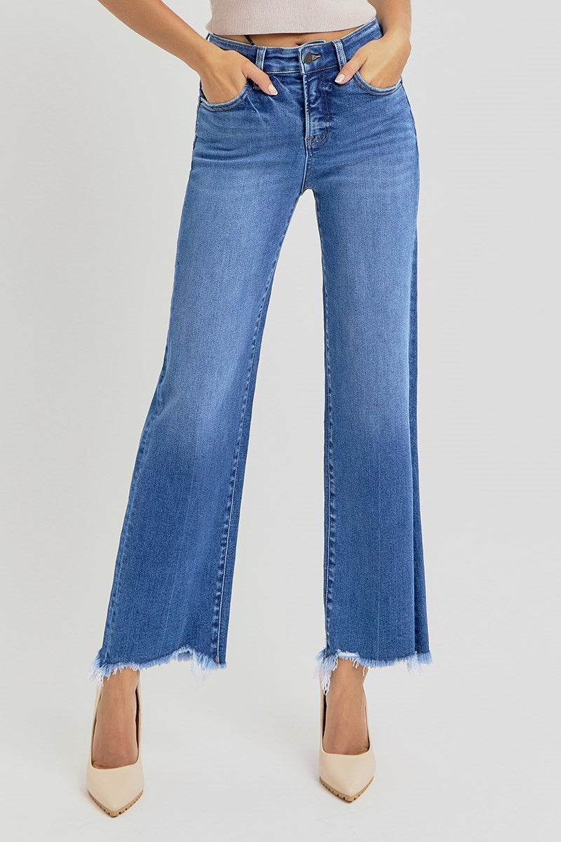 Risen High Rise Frayed Hem Straight Ankle Jean